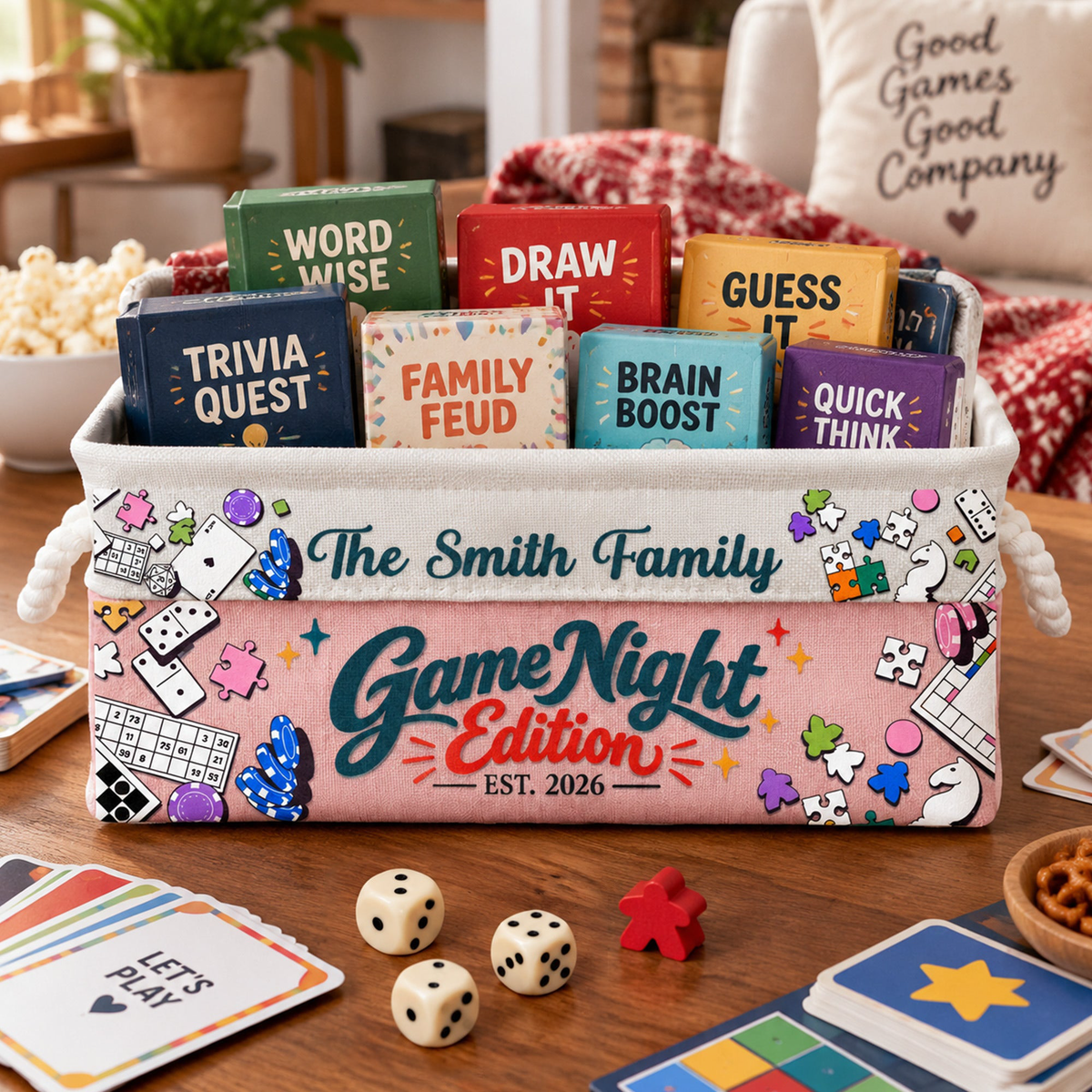 Game Night Deck Game Basket For Family, Grandparents - Personalized Storage Basket
