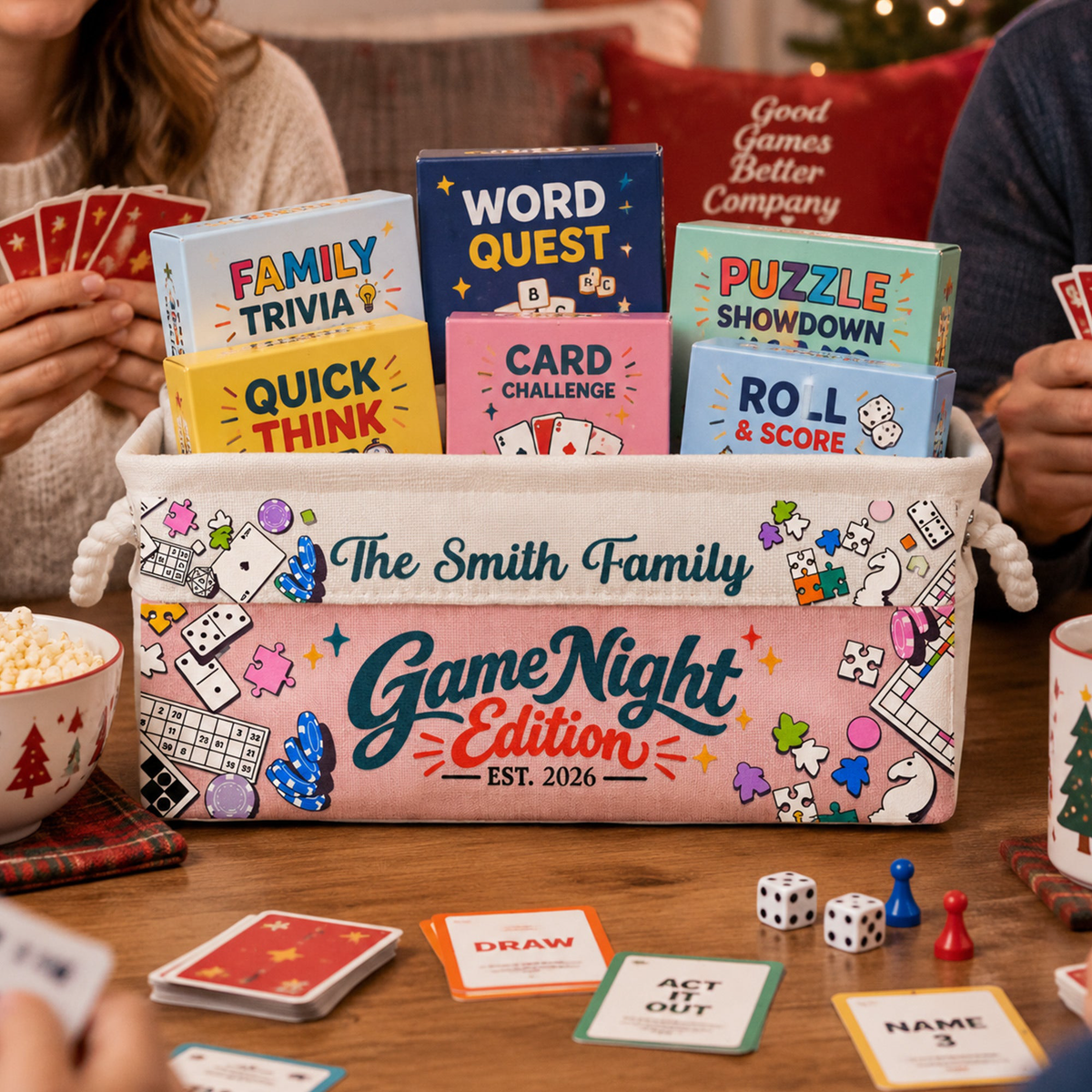 Game Night Deck Game Basket For Family, Grandparents - Personalized Storage Basket