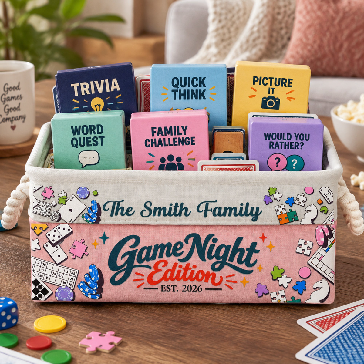 Game Night Deck Game Basket For Family, Grandparents - Personalized Storage Basket
