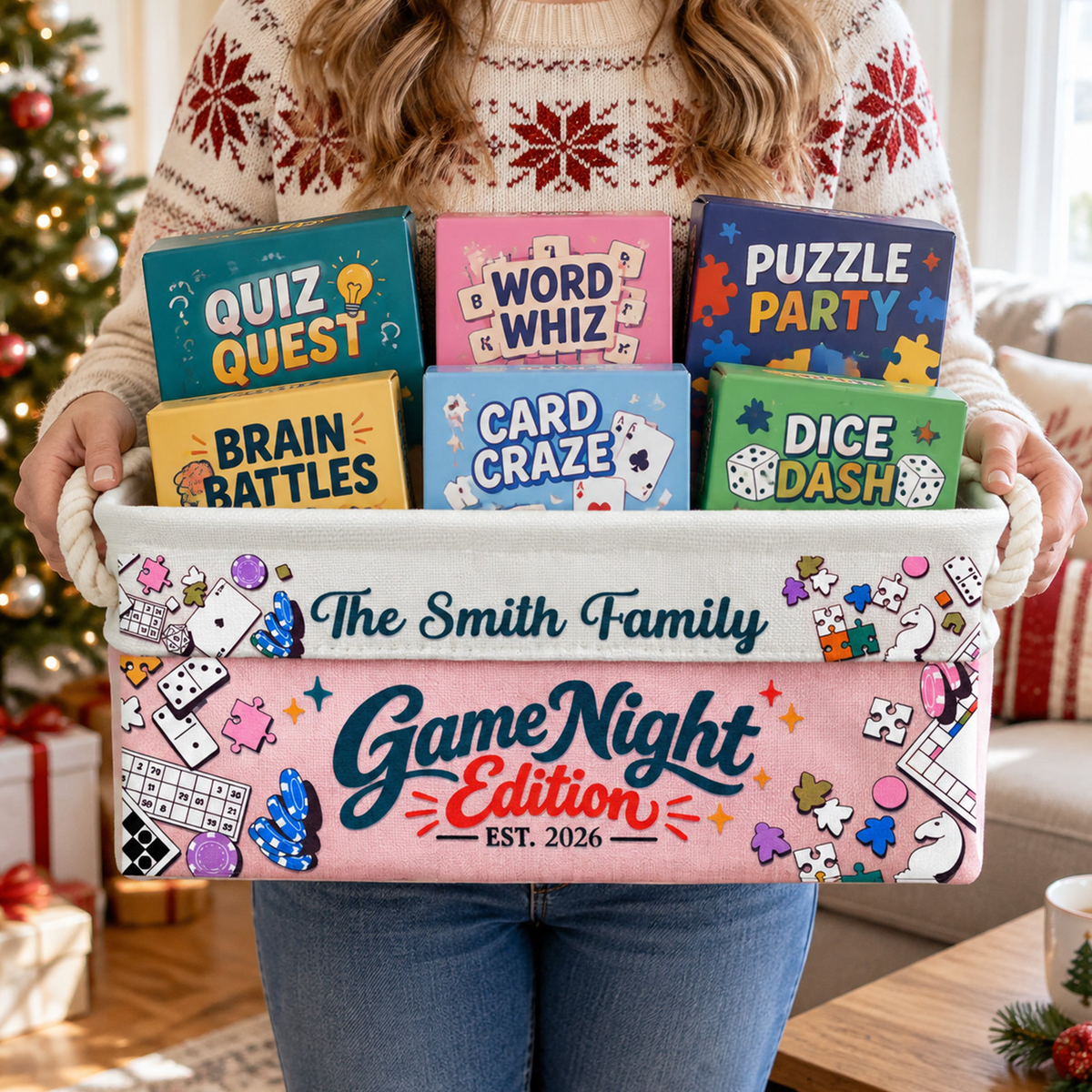 Game Night Deck Game Basket For Family, Grandparents - Personalized Storage Basket