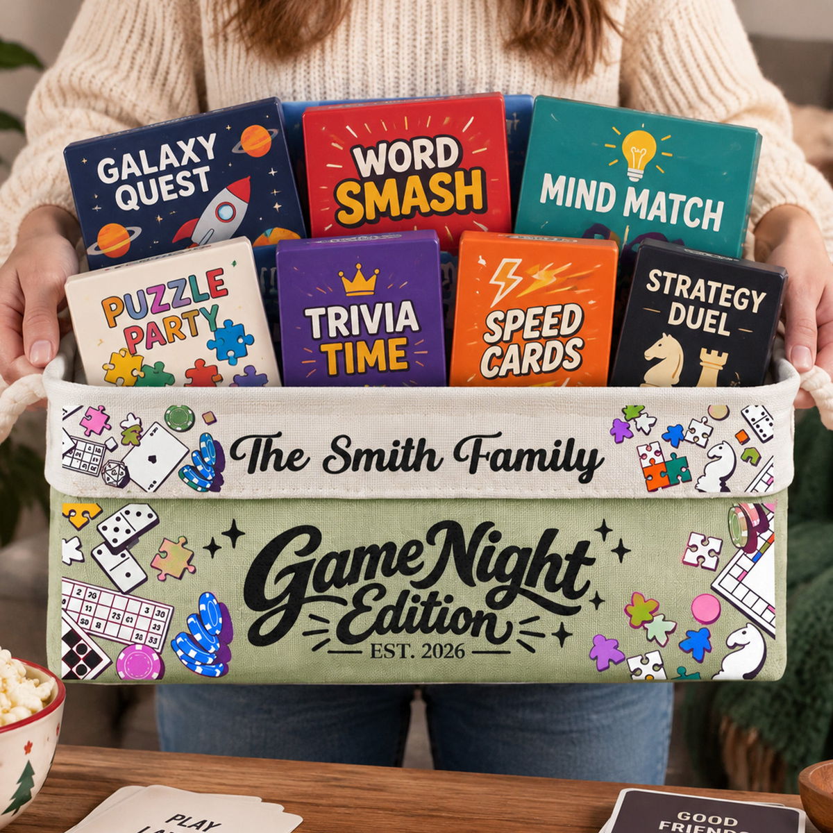 Game Night Deck Game Basket For Family, Grandparents - Personalized Storage Basket