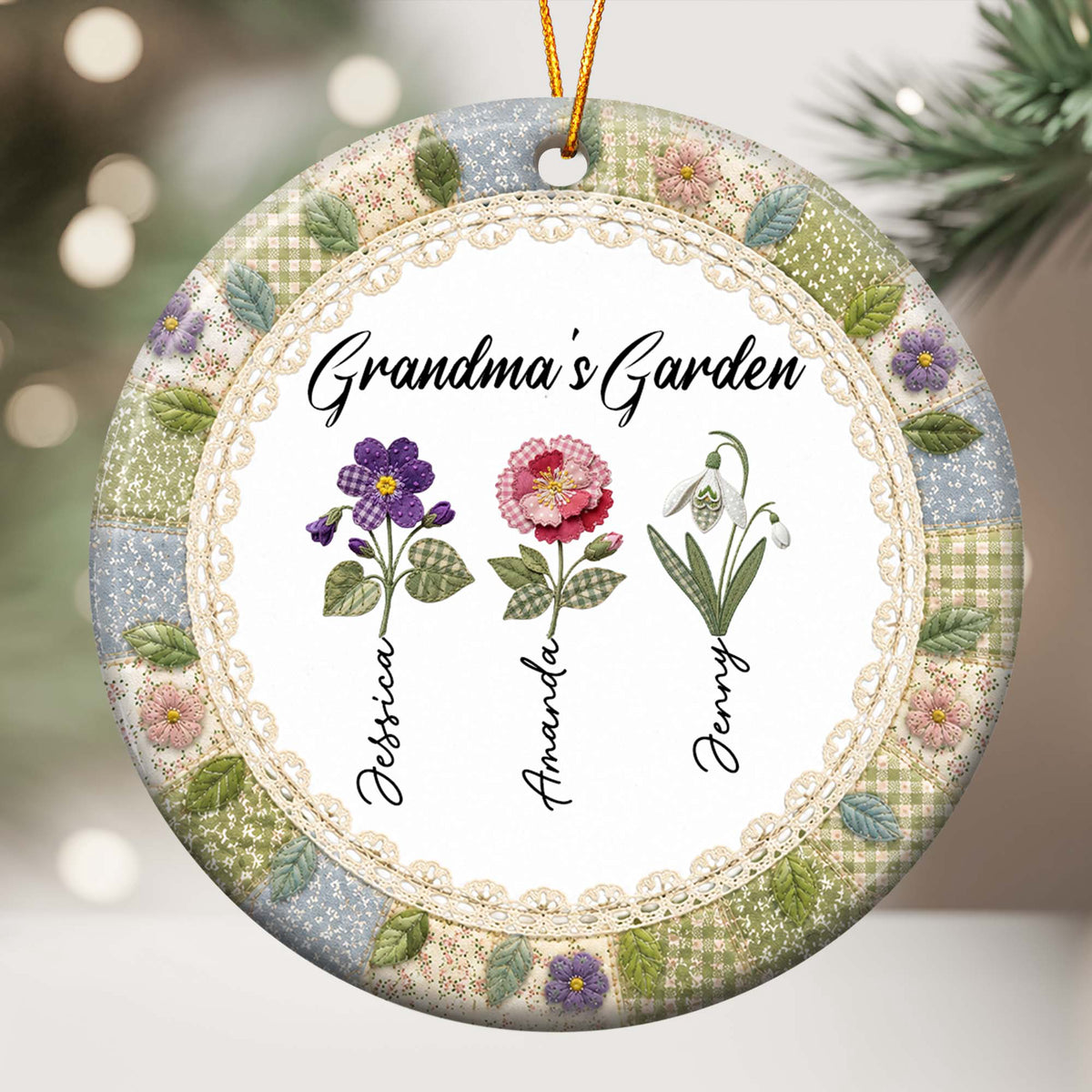 Grandma's Garden Patchwork Birth Flower Print - Personalized Ornament