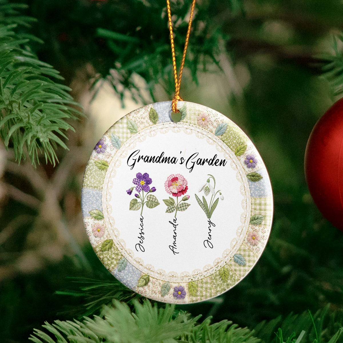 Grandma's Garden Patchwork Birth Flower Print - Personalized Ornament