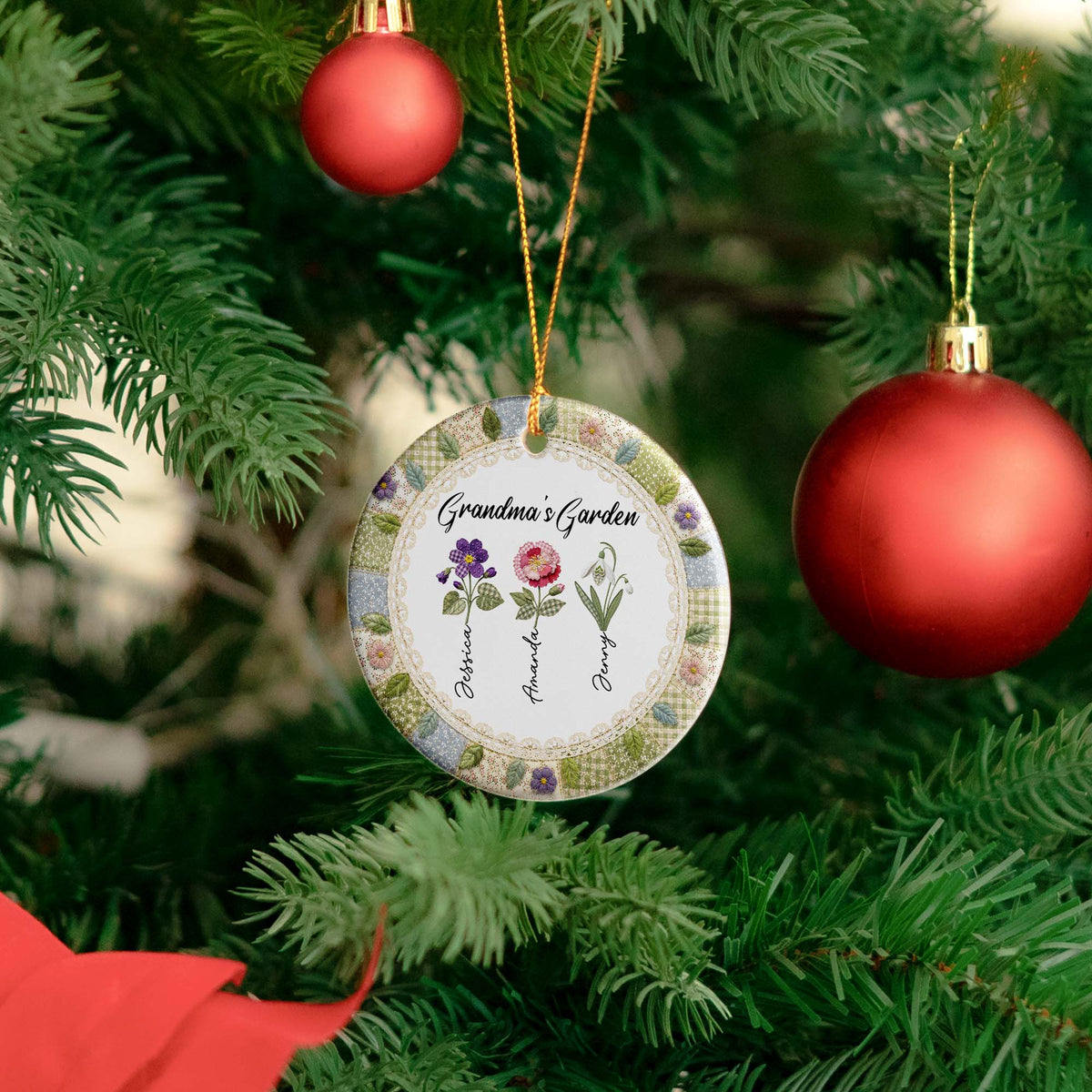 Grandma's Garden Patchwork Birth Flower Print - Personalized Ornament