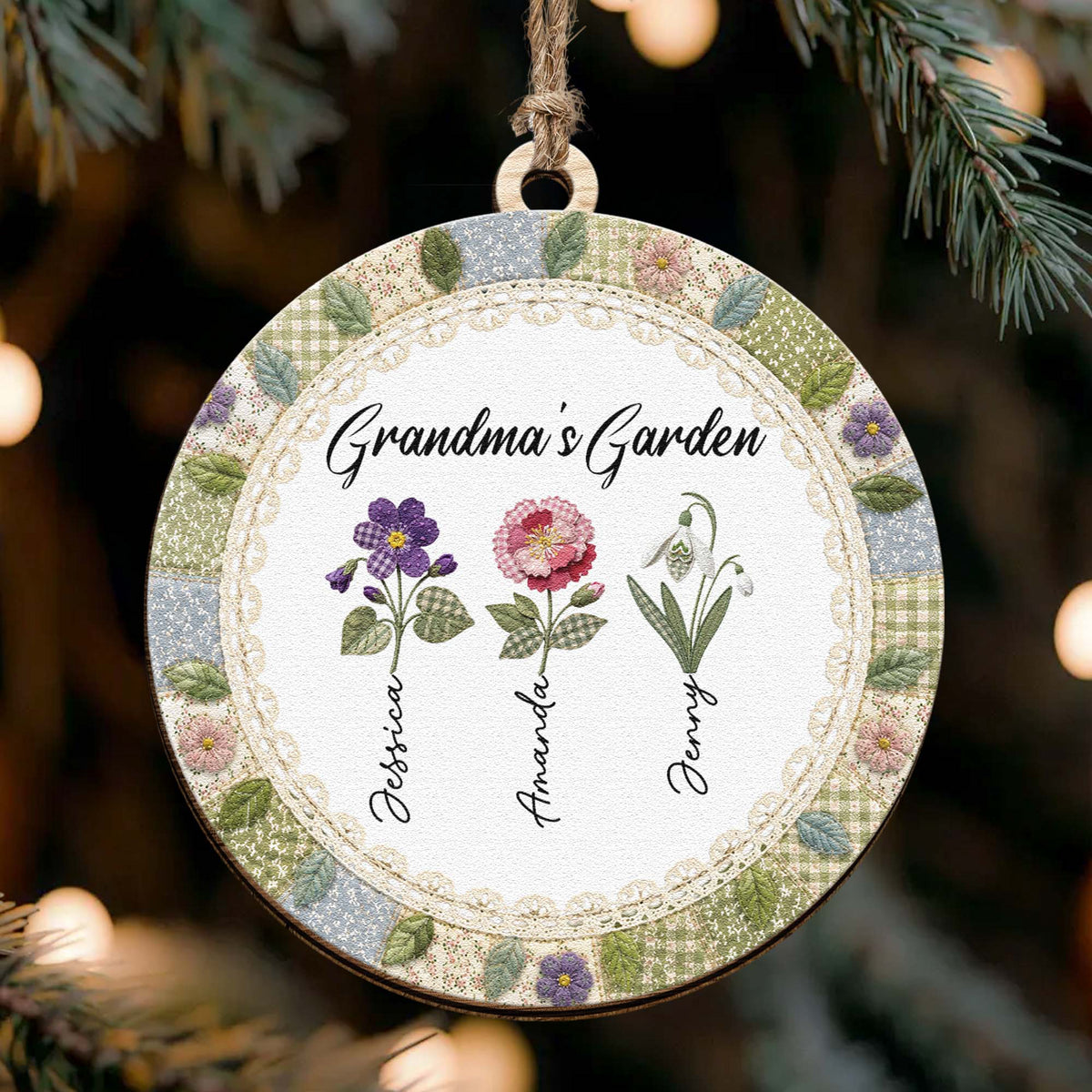 Grandma's Garden Patchwork Birth Flower Print - Personalized Ornament
