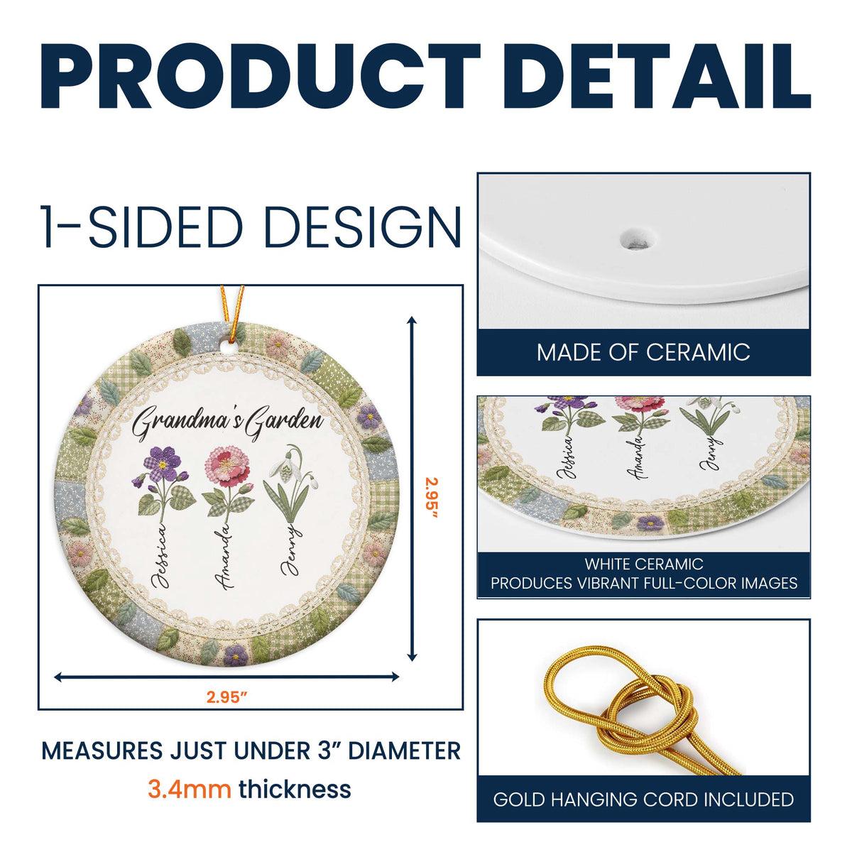 Grandma's Garden Patchwork Birth Flower Print - Personalized Ornament