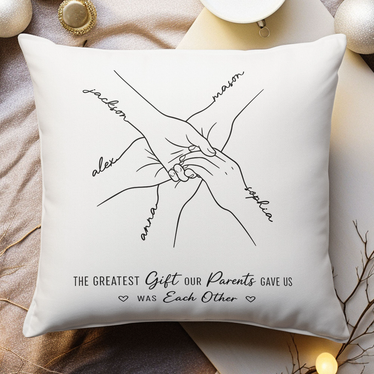 Hands Print Line Art Custom Name Gift For Sibling - Personalized Pillow