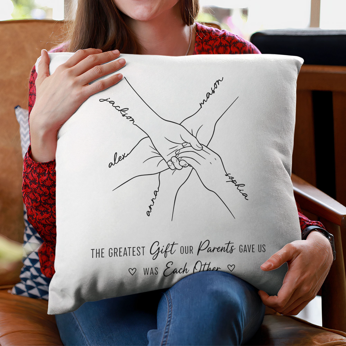 Hands Print Line Art Custom Name Gift For Sibling - Personalized Pillow