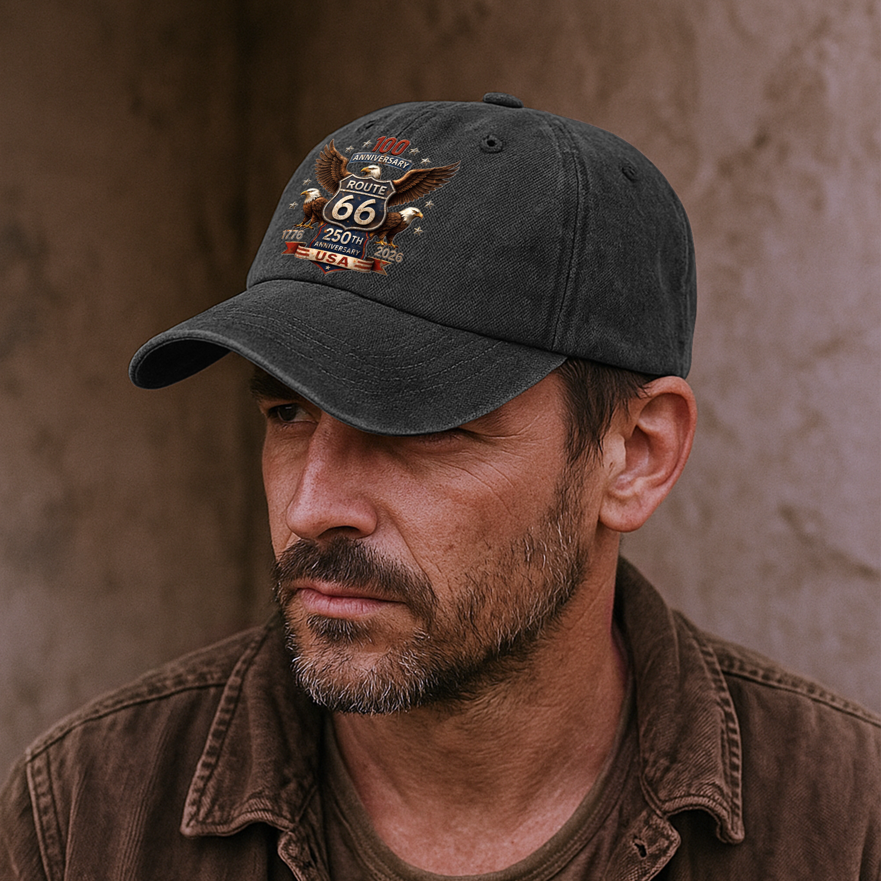 100 Years Route 66 250 Years USA - Personalized Distressed Denim Cap
