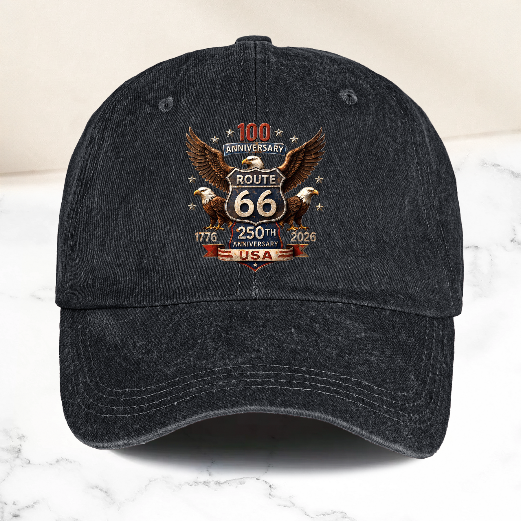 100 Years Route 66 250 Years USA - Personalized Distressed Denim Cap