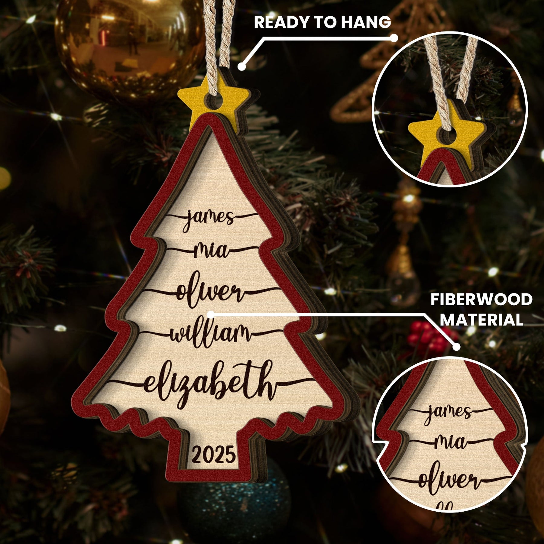 2026 Family Christmas Ornament, Christmas Tree Ornament With Names - Personalized Wooden Ornament