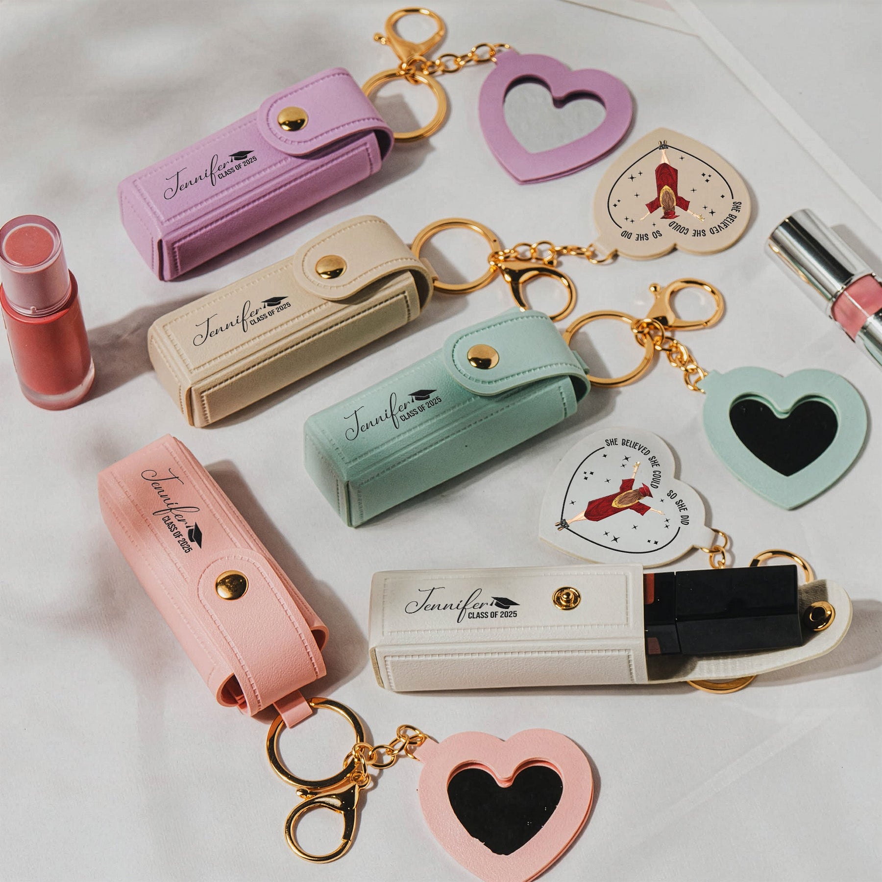 A Sweet Ending To A New Beginning Graduation Gifts - Personalized Leather Lipstick Case With Mirror Keychain