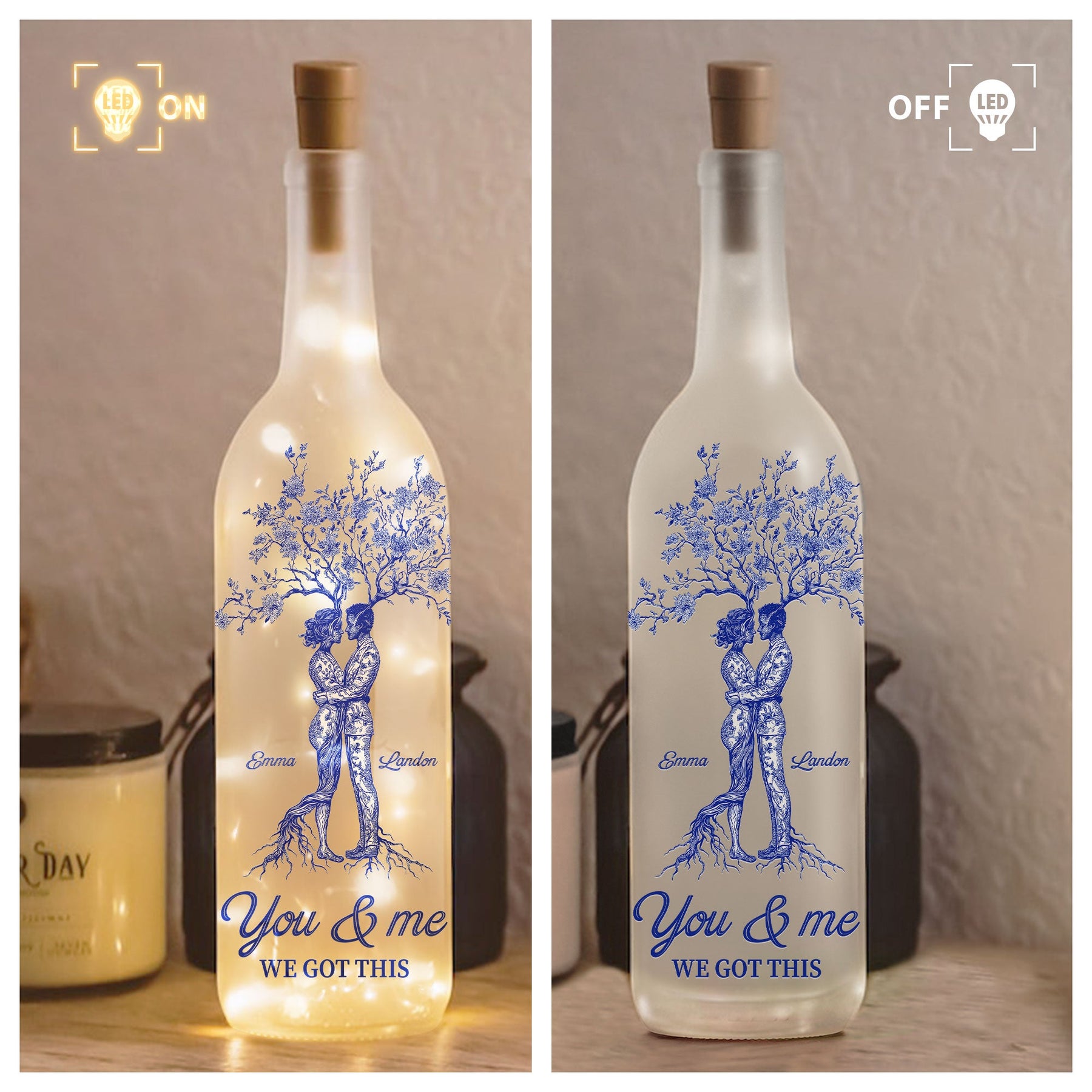 Anniversary Gift Toile De Jouy Style You & Me We Got This - Personalized Bottle Lamp