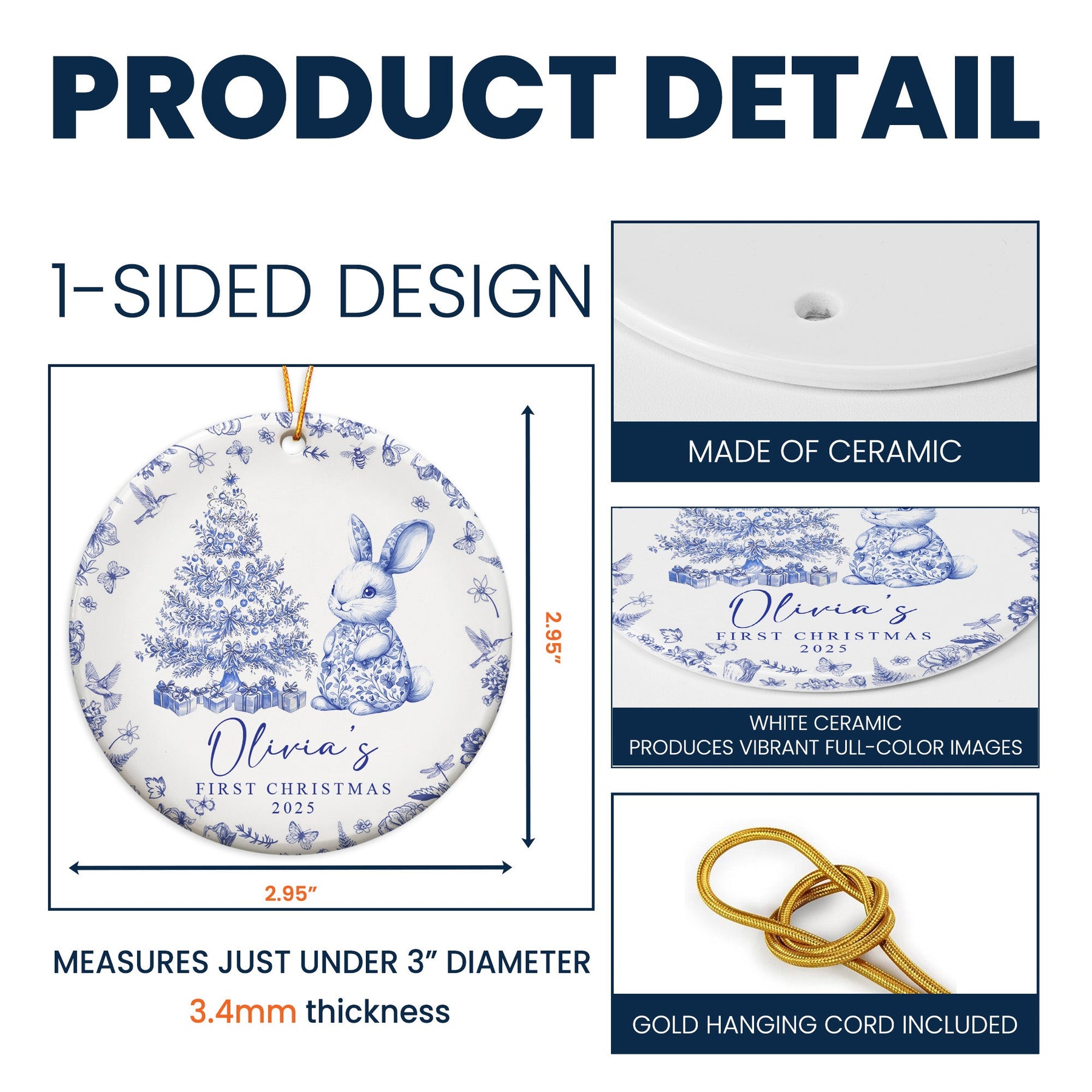 Baby's First Christmas Toile De Jouy - Personalized Ceramic Ornament