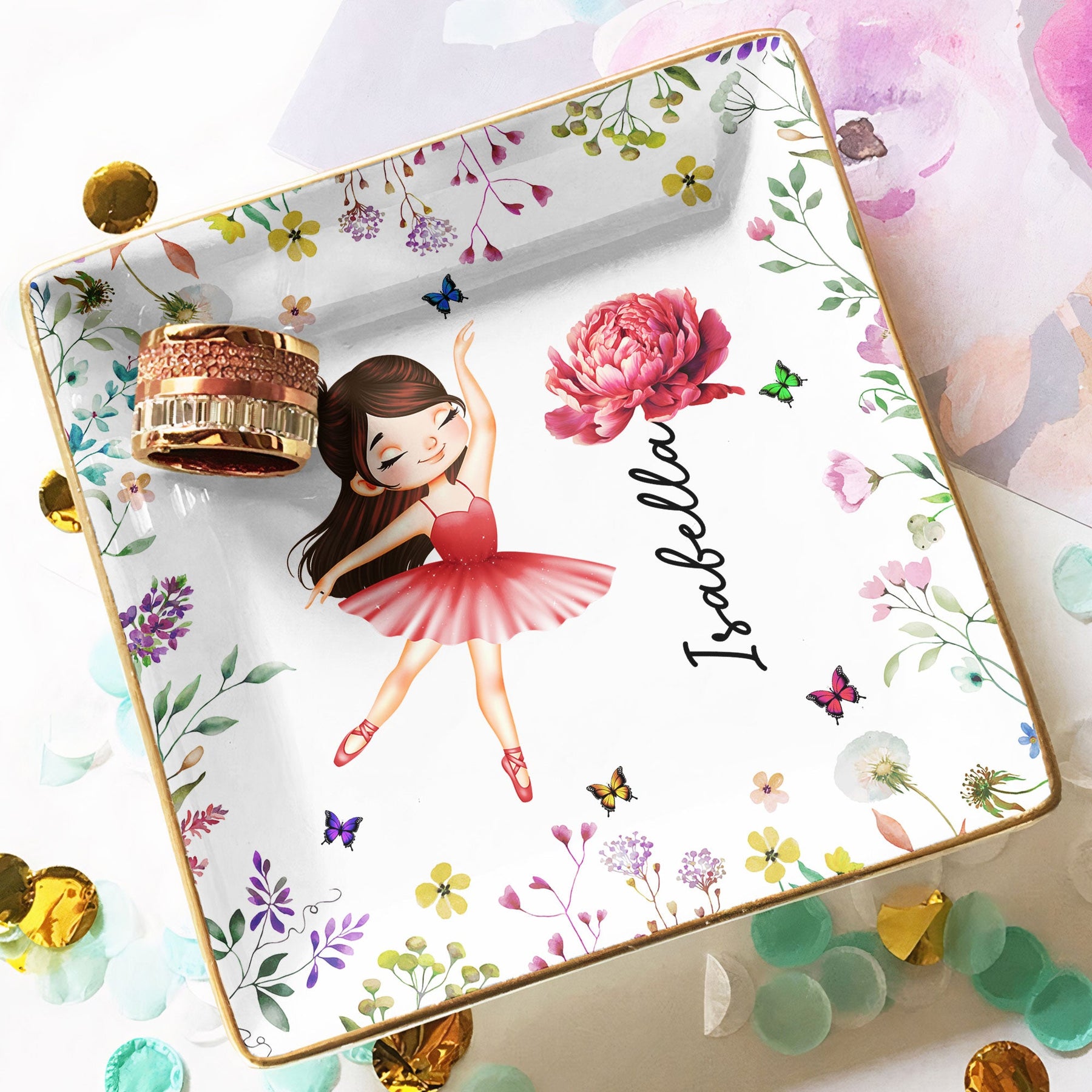 Ballerina, Ballet Girl Birth Flower - Personalized Jewelry Dish