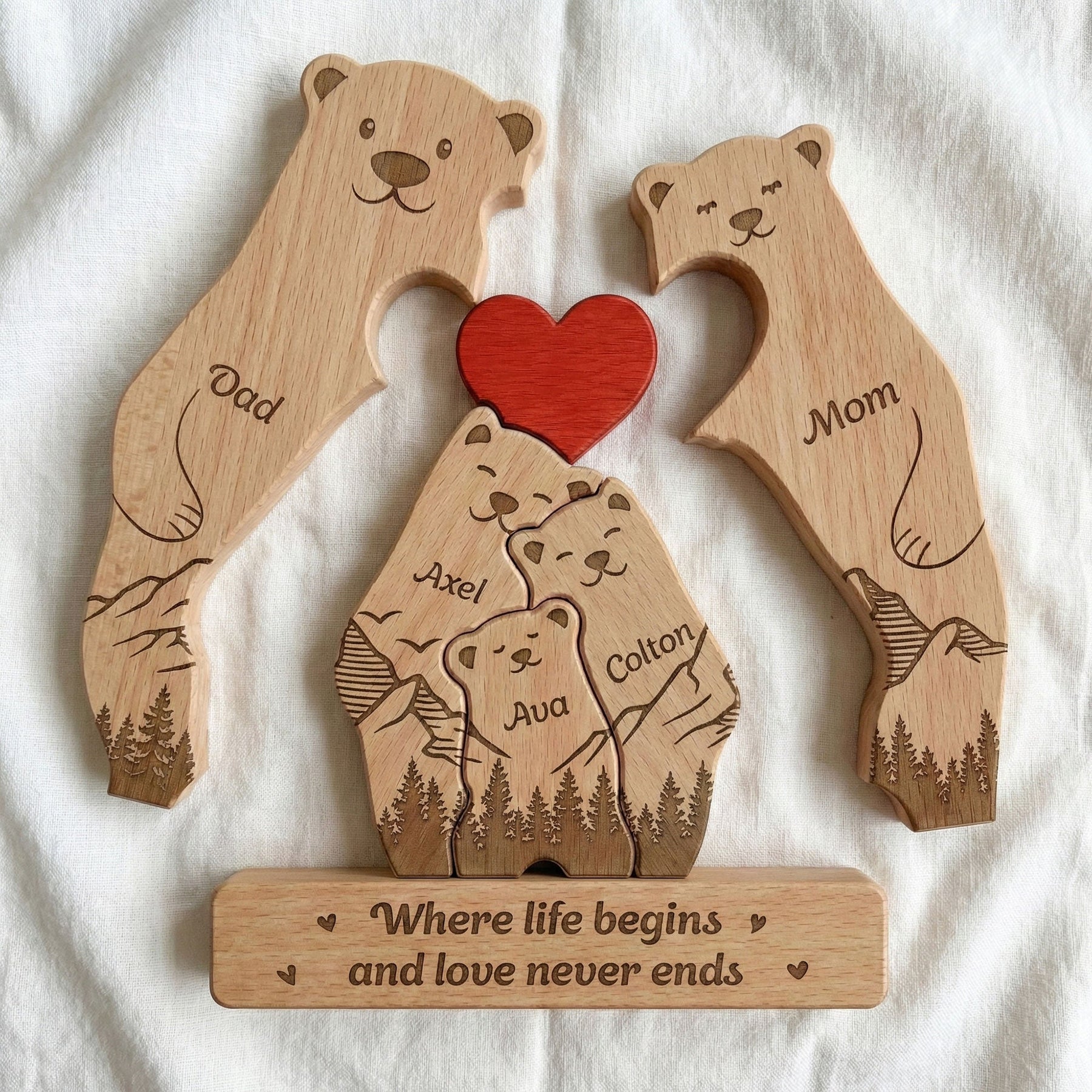 Bear Family, Mama Bear, Daddy Bear & Baby Cubs - Forest Style - Personalized Wooden Family Puzzle