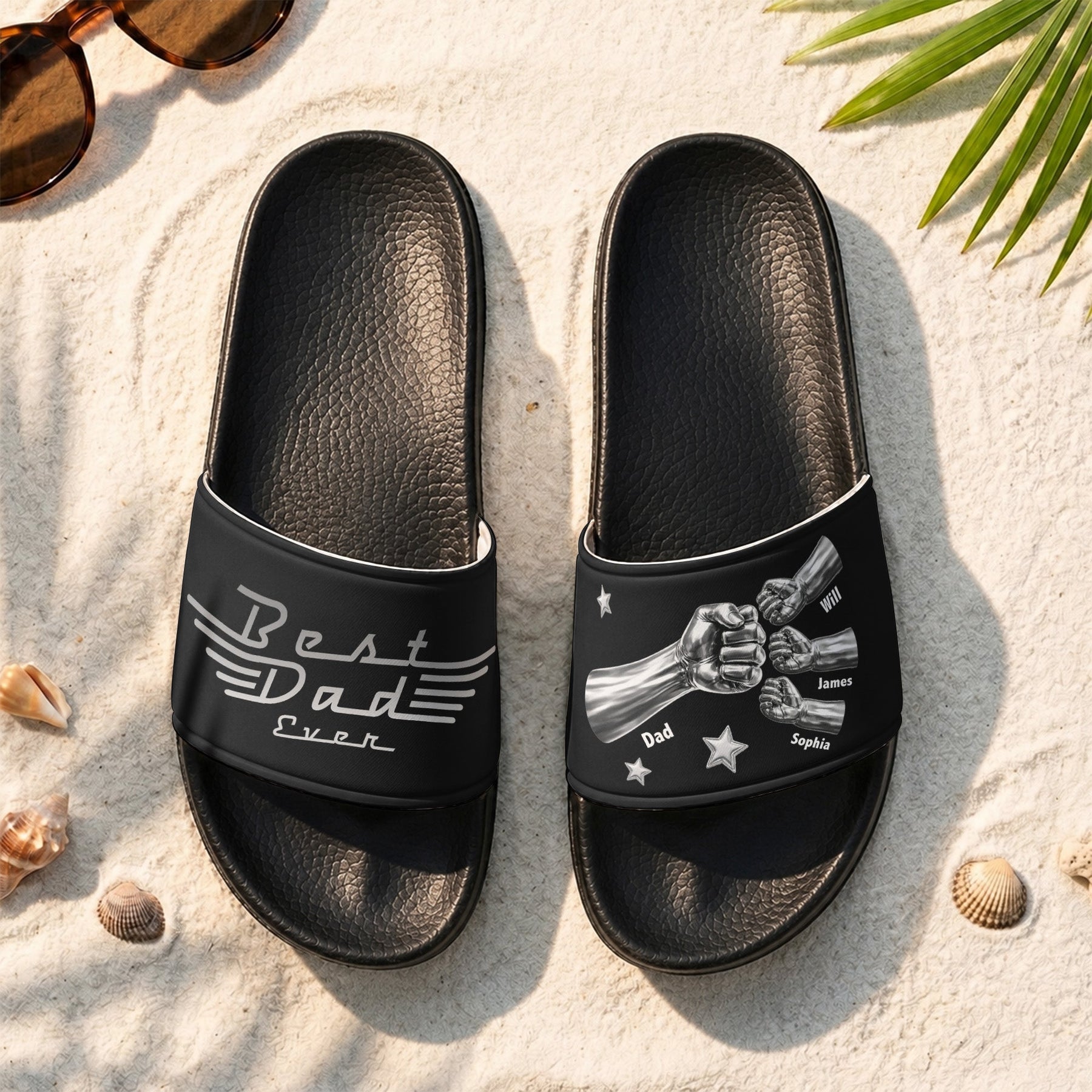 Best Dad Ever, Best Papa Ever - With Fist Bumps & Kids' Names - Personalized Slide Sandals