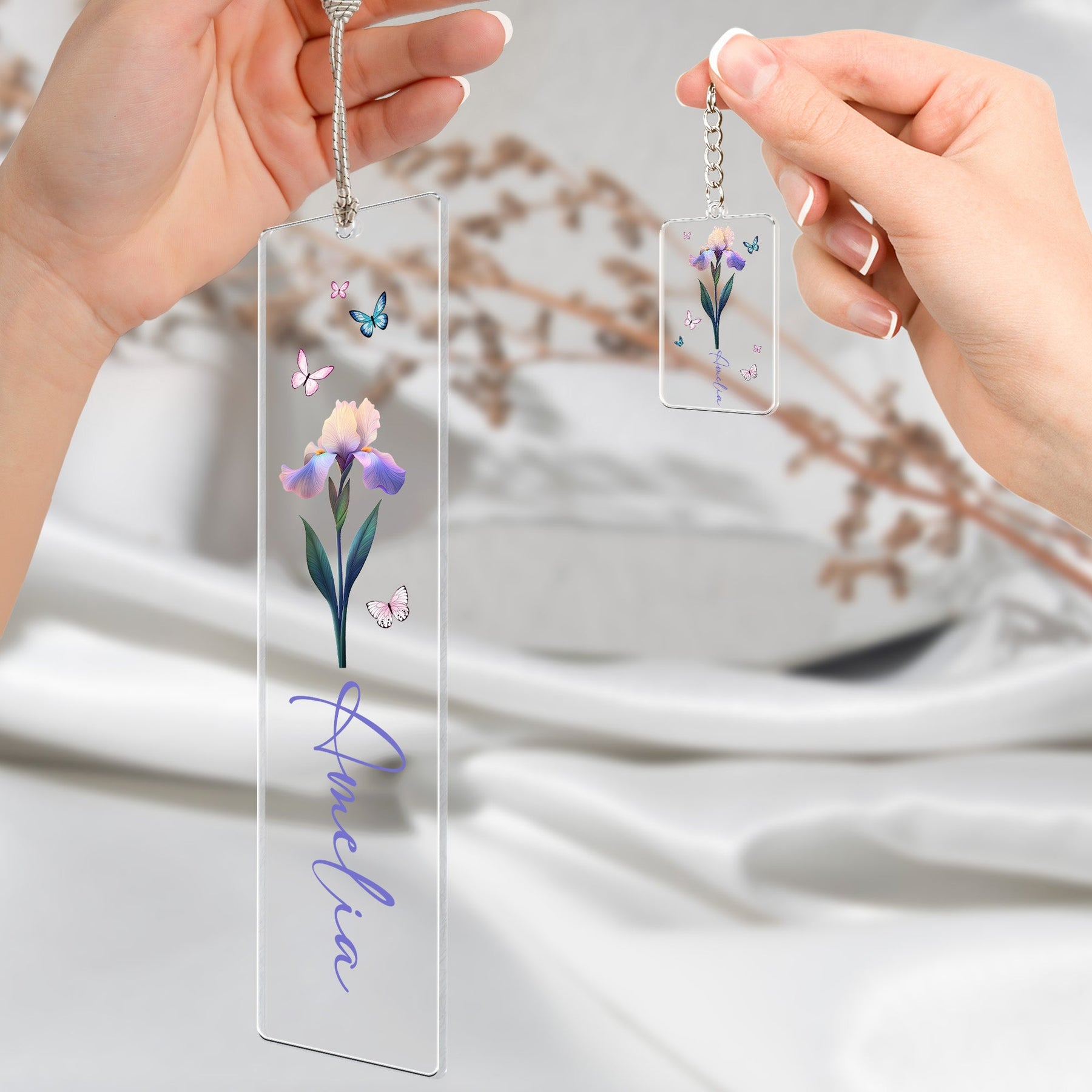 Birth Flower - Personalized Acrylic Bookmark And Keychain Set