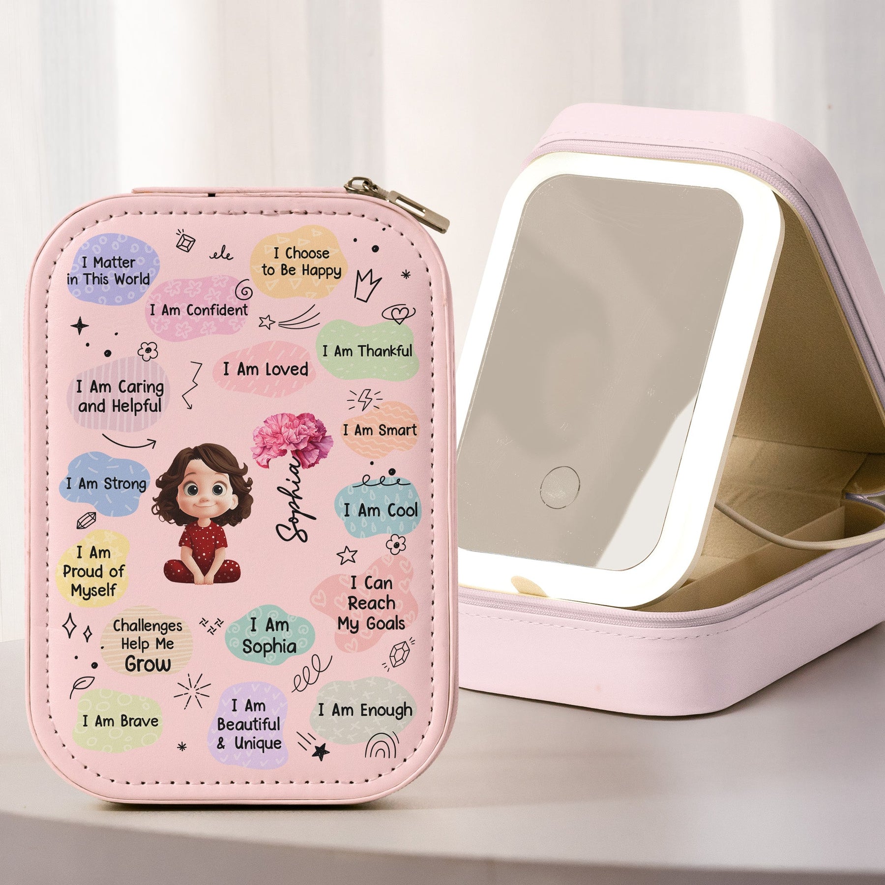Birth Flower Affirmation - Custom Makeup Box With LED Mirror