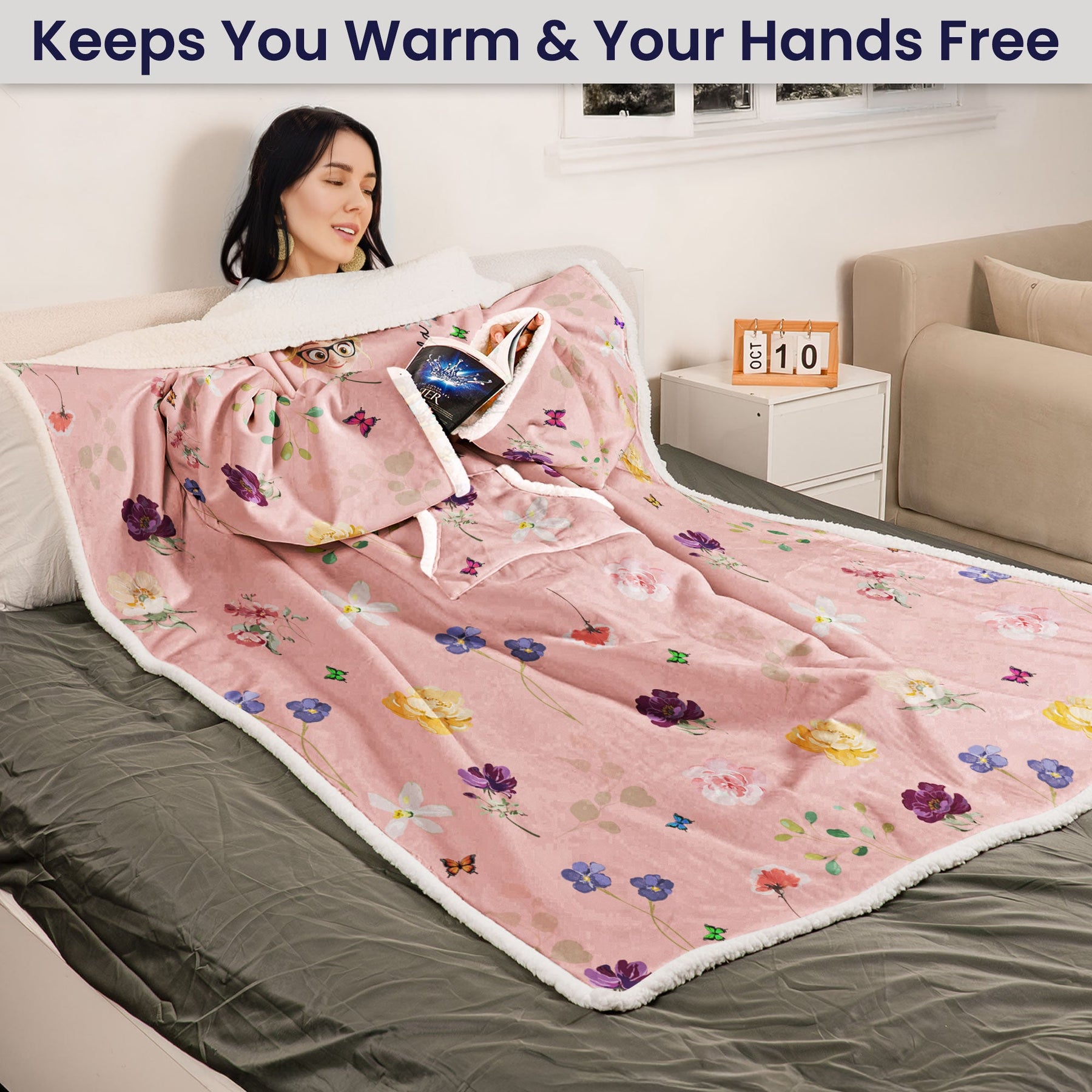Birth Flower Book Lovers - Personalized Wearable Blanket With Sleeves