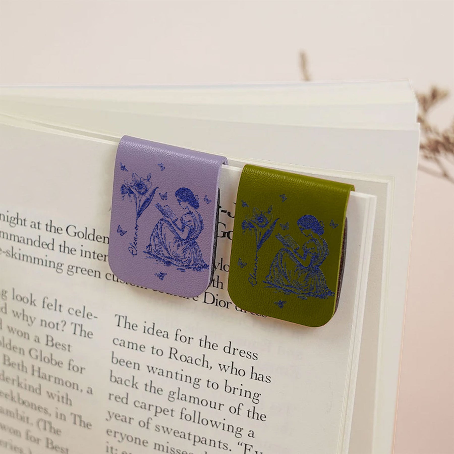 Birth Flower Book Lovers Toile De Jouy - Personalized Leather Magnetic Bookmark
