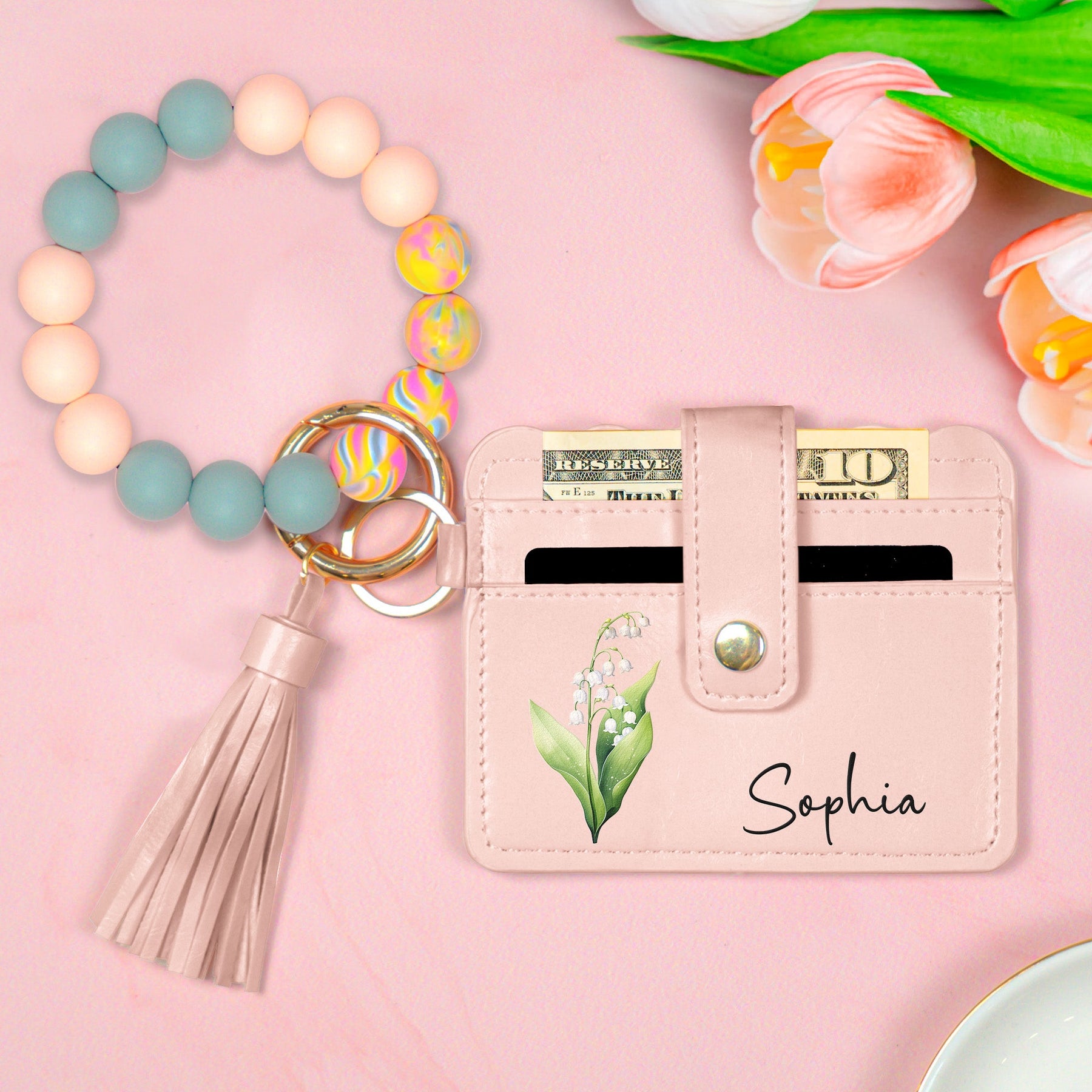 Birth Month Flower Gift For Her - Personalized Keychain Wristlet Leather Wallet