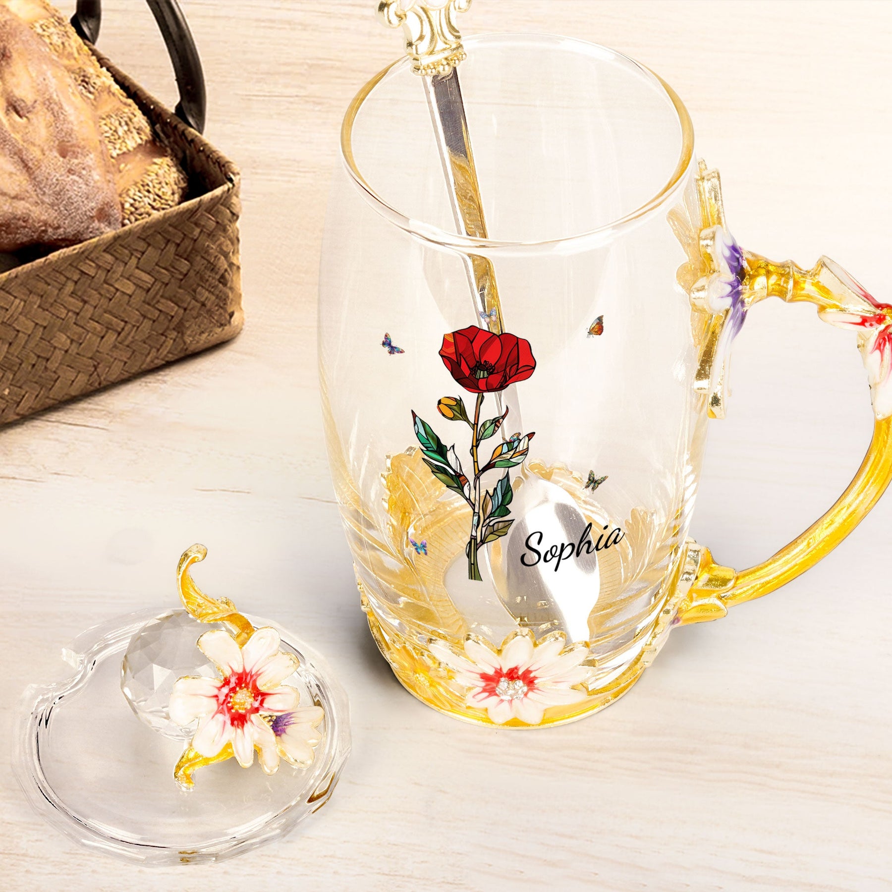 Birth Month Flower Stained Glass Version - Personalized Enamel Flower Tea Cup