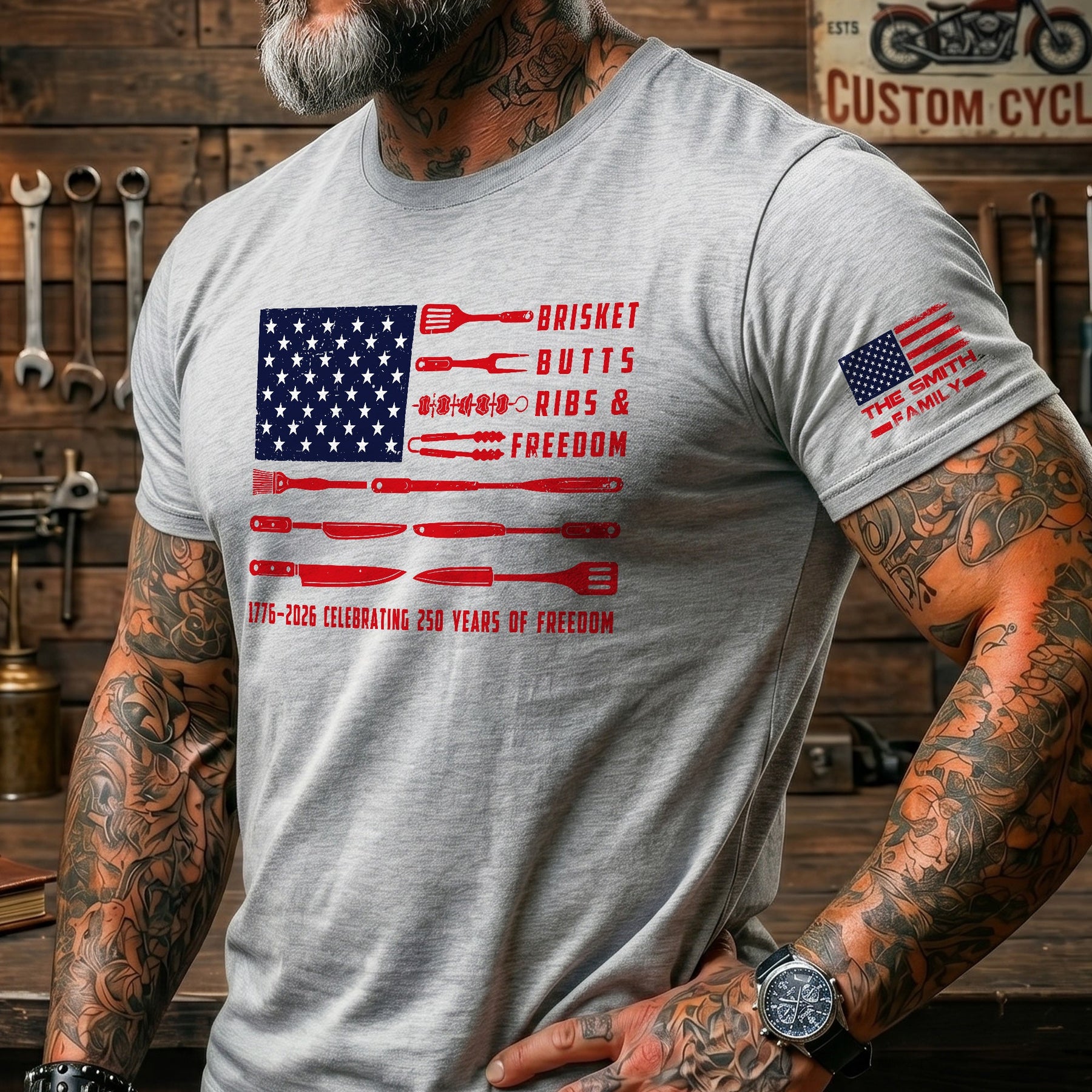 Brisket Butts Ribs & Freedom Bbq American Flag, Grilling Gifts For Him, Grandpa, Dad, Funny Chef - Personalized Shirt