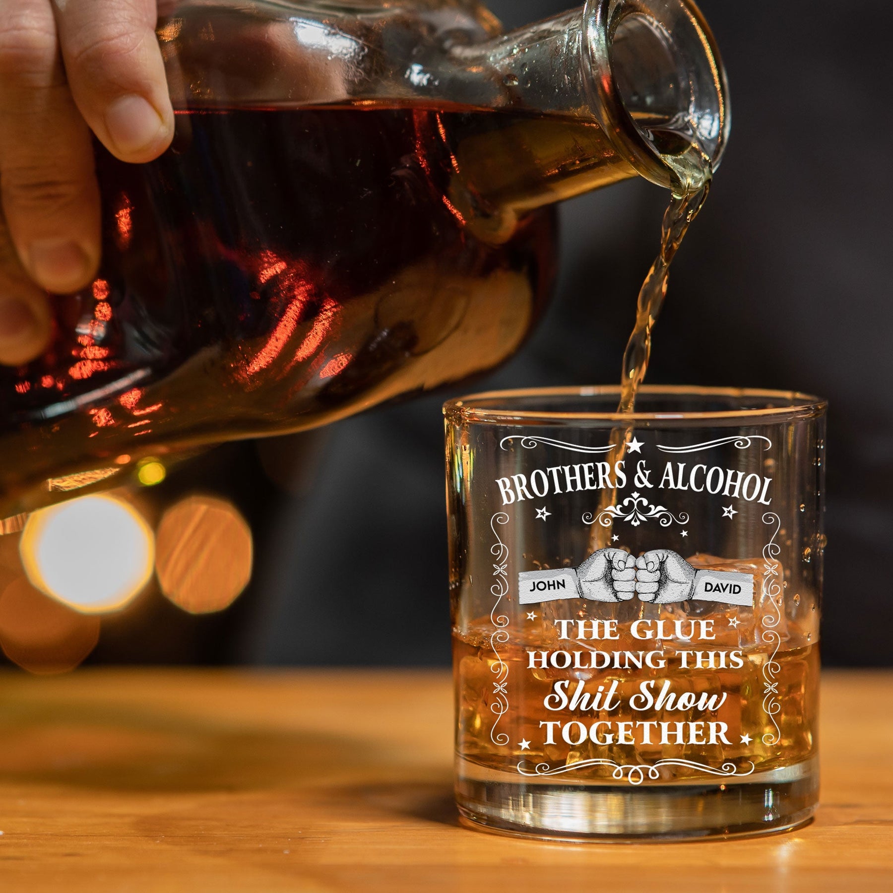 Brothers & Alcohol The Glue Holding Together - Personalized Whiskey Glass