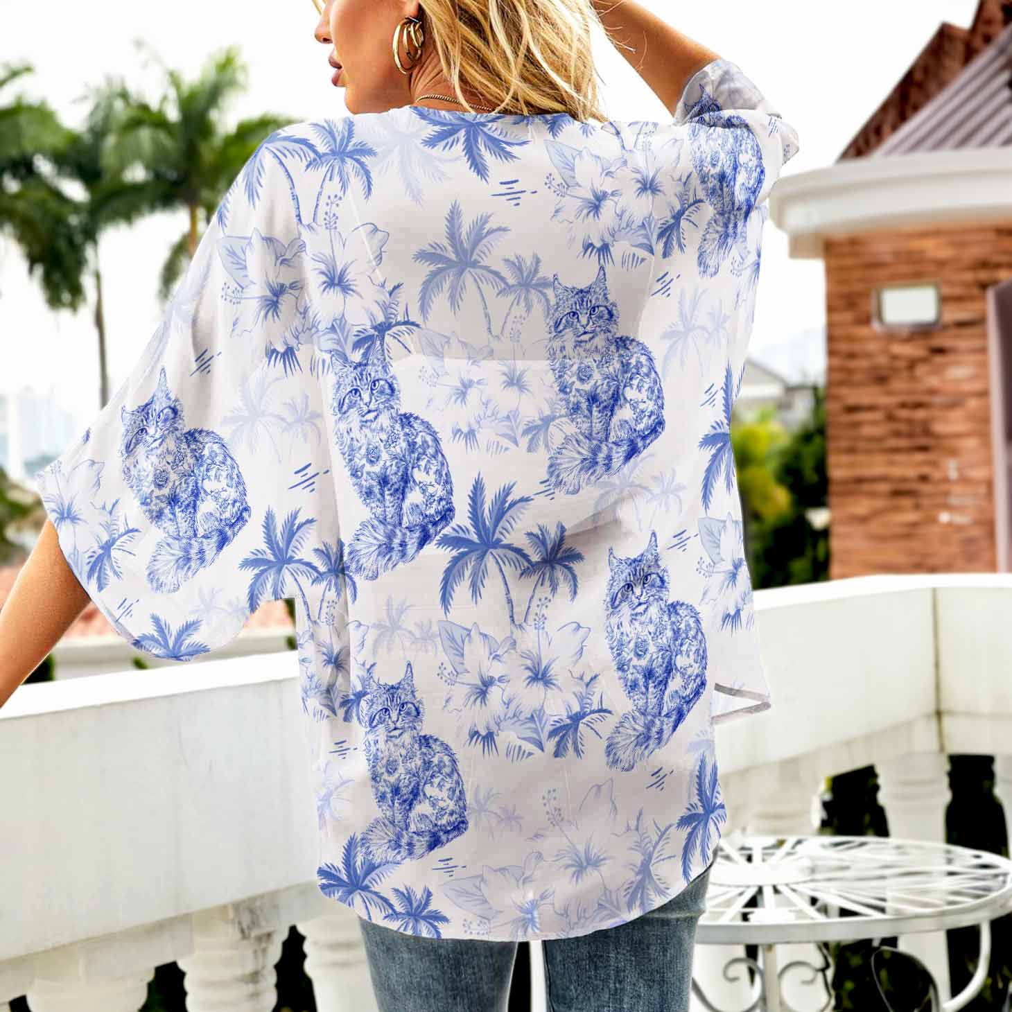 Cat Lover Toile De Jouy Style - Personalized Kimono Cover Up