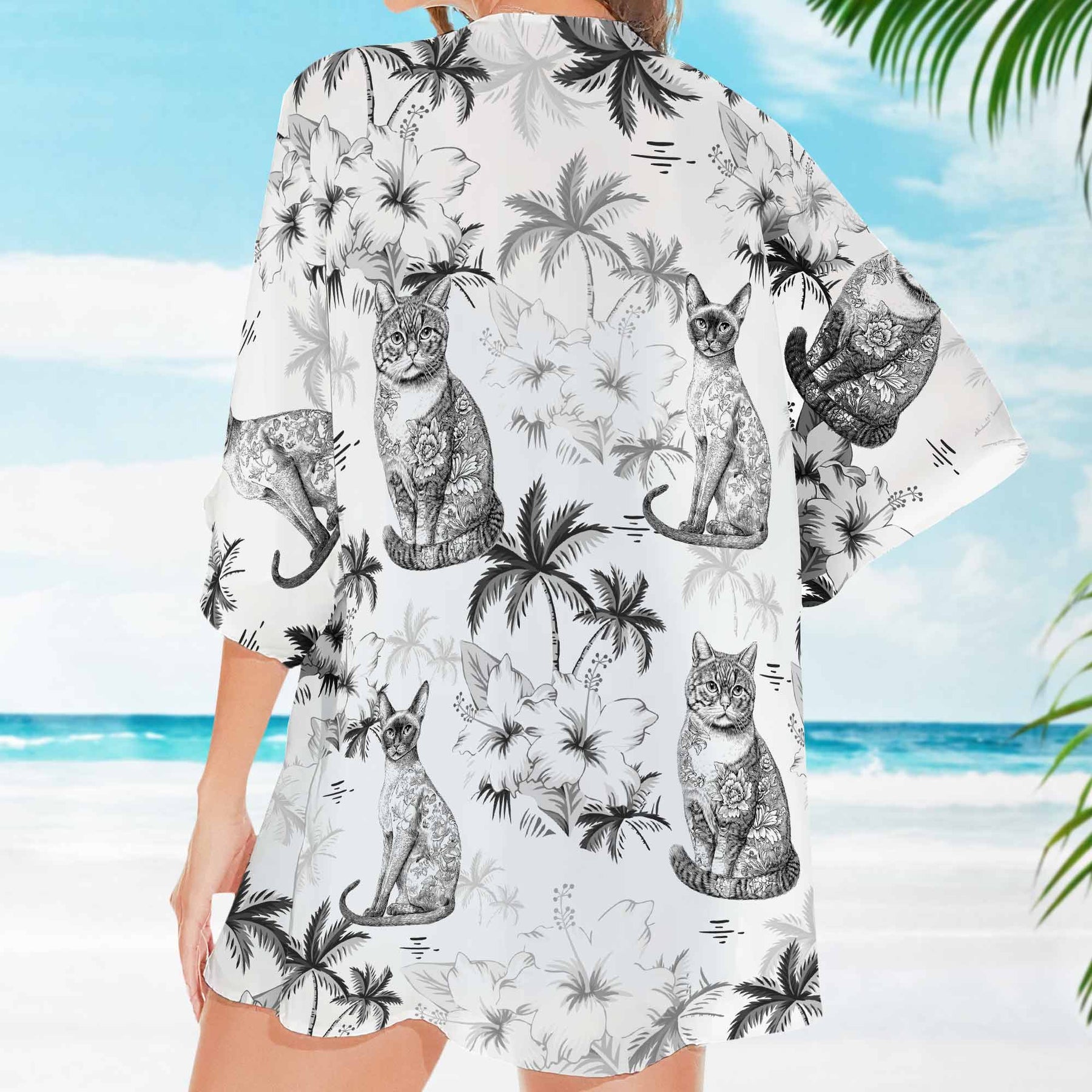 Cat Lover Toile De Jouy Style - Personalized Kimono Cover Up