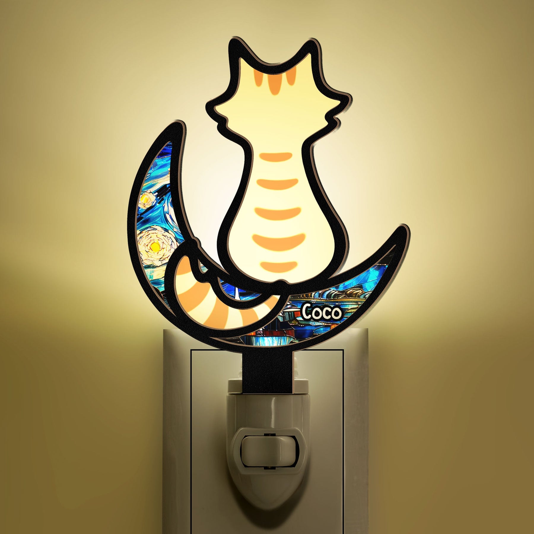 Cat On The Moon - Personalized Wood And Acrylic Night Light
