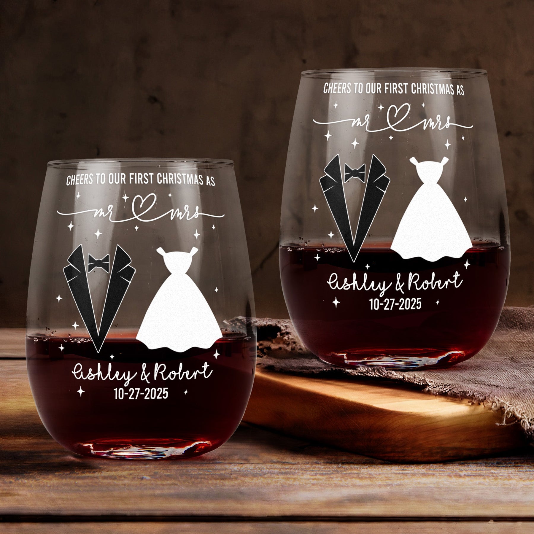 Cheers To Our First Christmas As Mr. And Mrs - Personalized Stemless Wine Glass