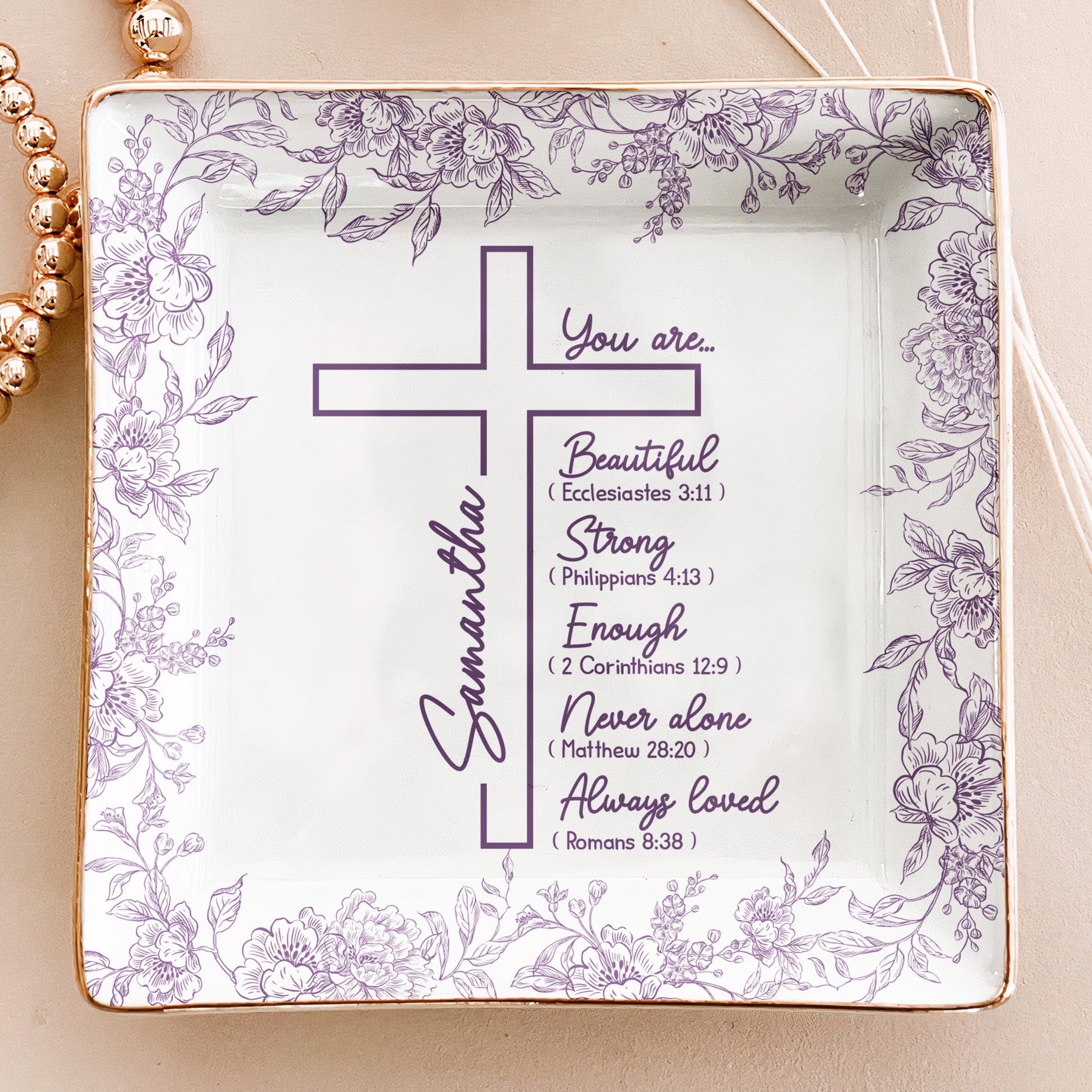 Christ Cross Affirmation Religious Gift For Women Toile De Jouy - Personalized Jewelry Dish