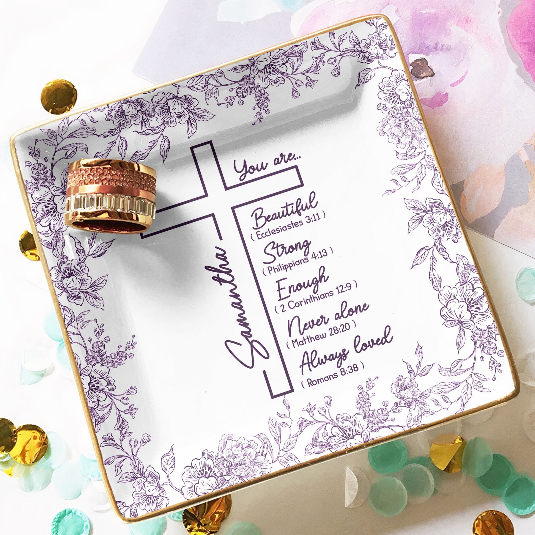 Christ Cross Affirmation Religious Gift For Women Toile De Jouy - Personalized Jewelry Dish