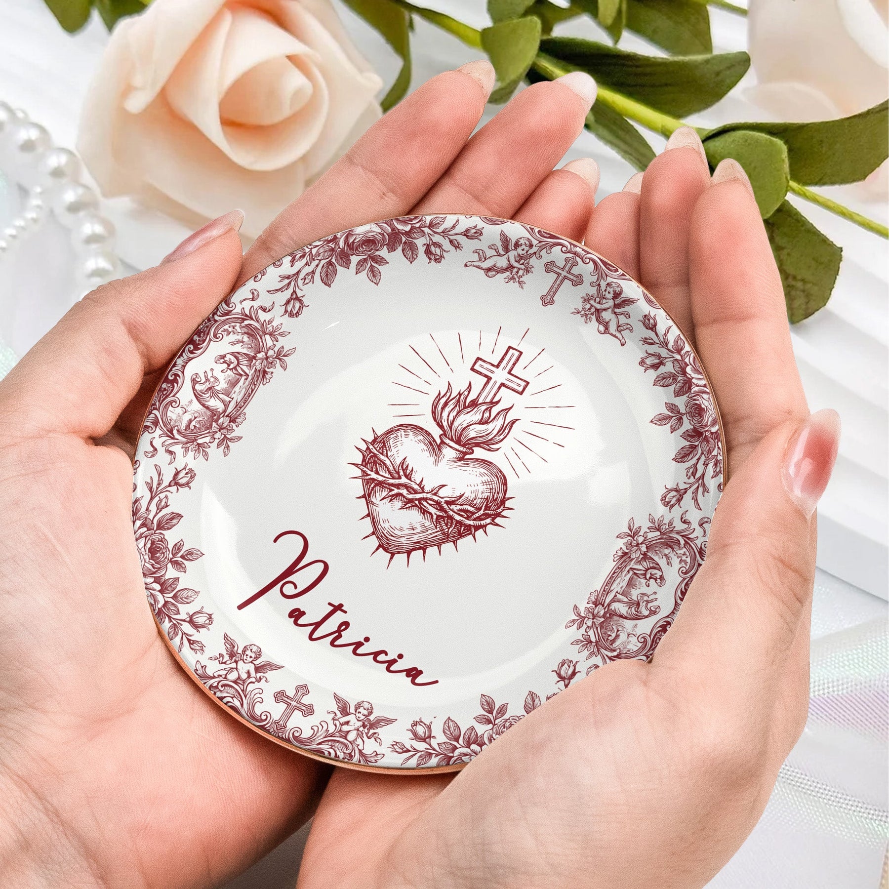 Christian Faith Symbols Toile De Jouy - Personalized Jewelry Dish