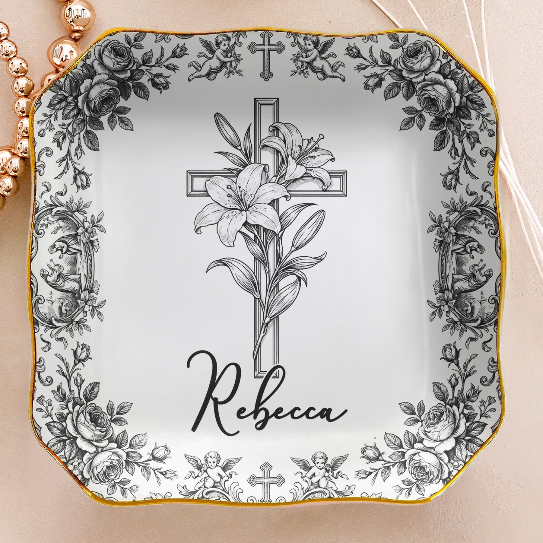 Christian Faith Symbols Toile De Jouy - Personalized Jewelry Dish