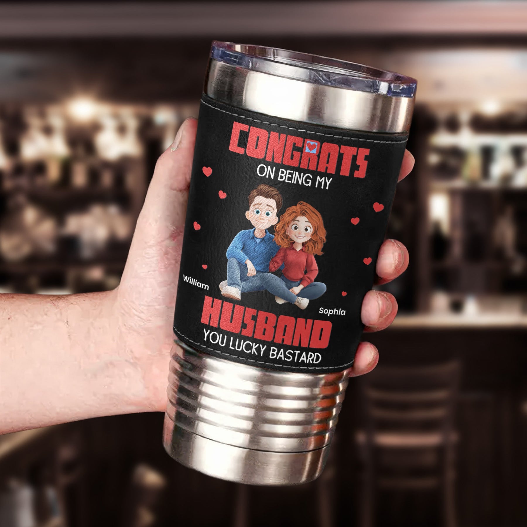 Congrats On Being My Husband You Lucky Bastard - Cartoon Version - Personalized 20oz Leather Wrapped Tumbler