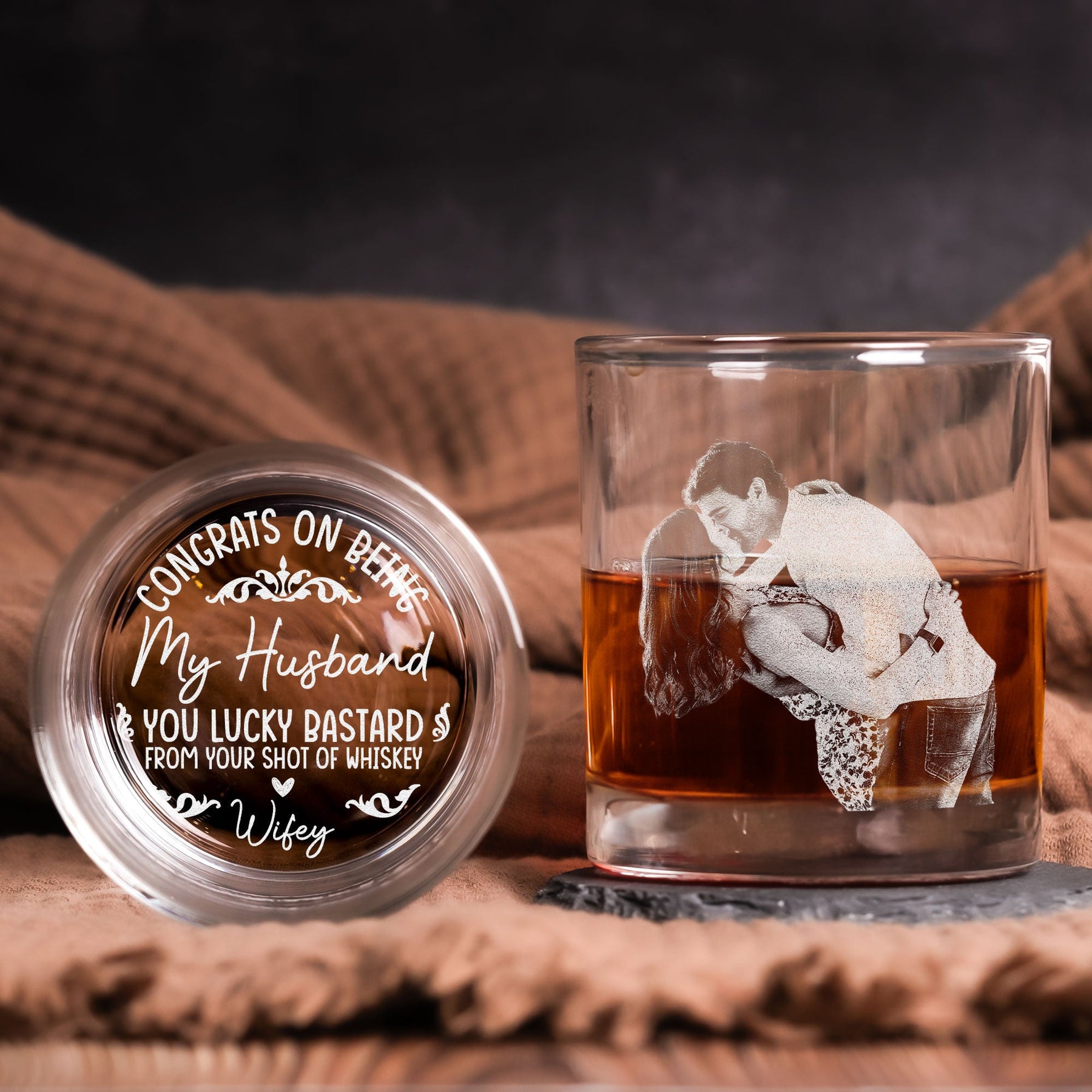 Congrats On Being My Husband You Lucky Bastard - Personalized Whiskey Glass With Photo