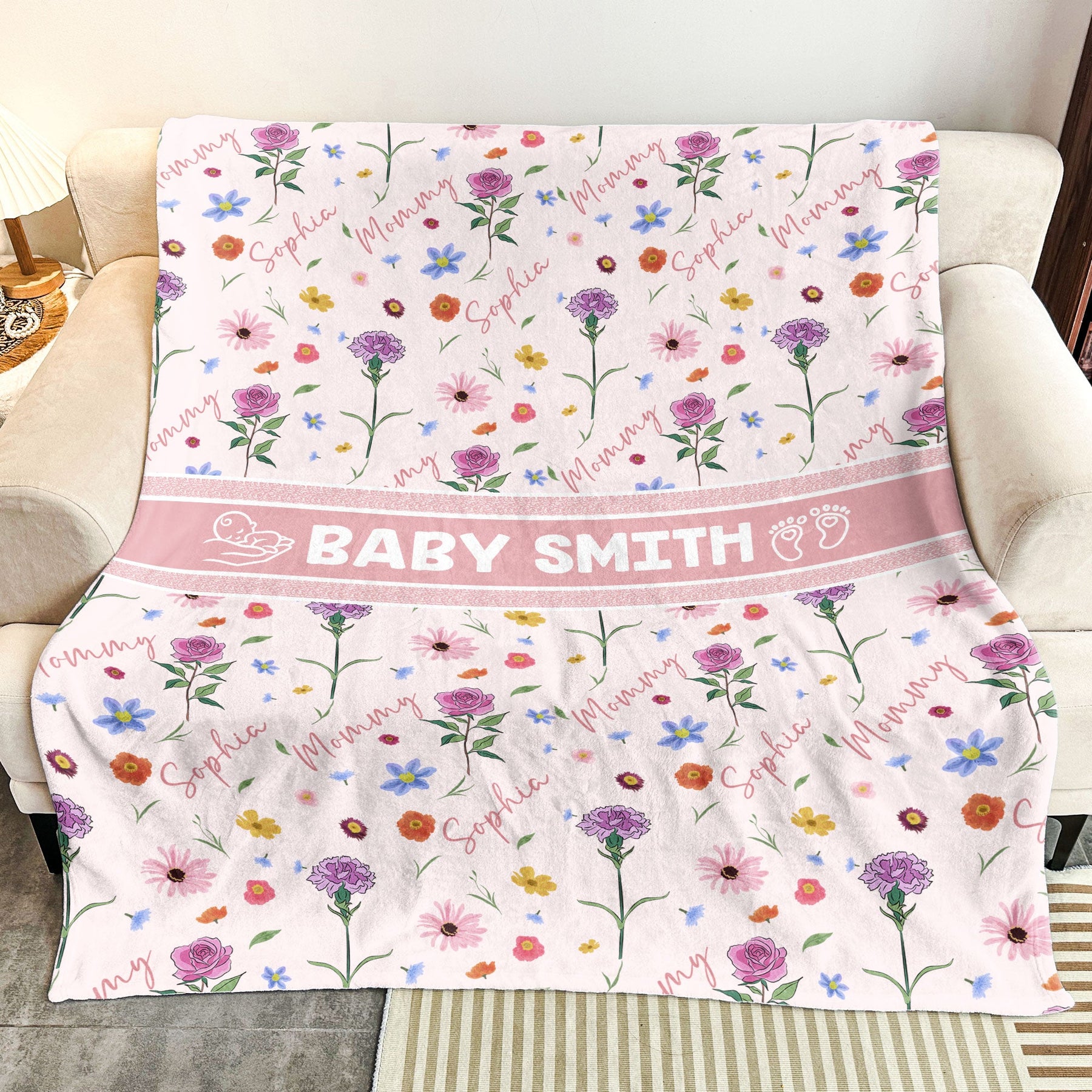 Custom Baby And Mom Name Birthday Flower - Personalized Blanket