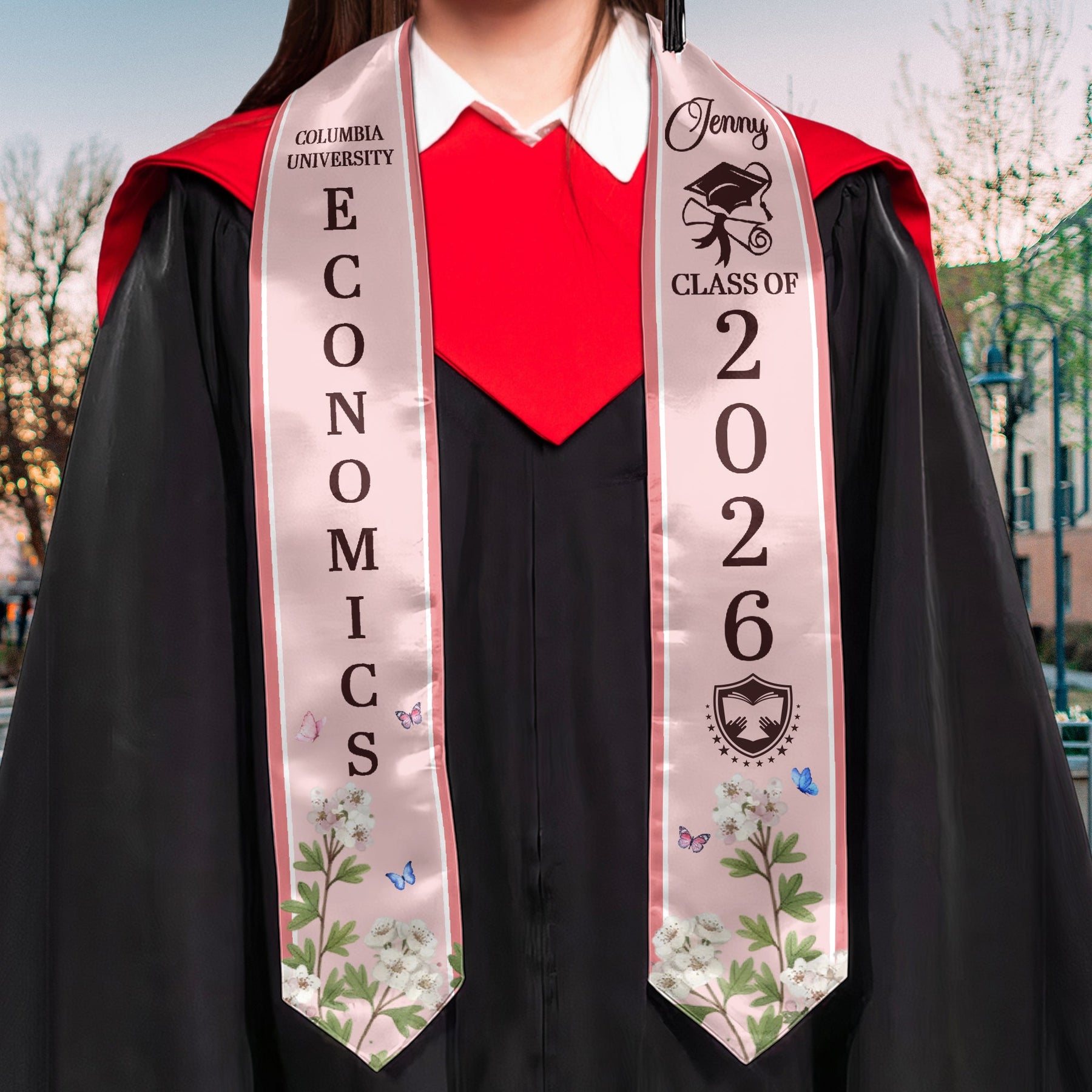 Custom Birth Flower Graduation Gift For Her, Sisters, Daughter, Friends - Personalized Graduation Stole