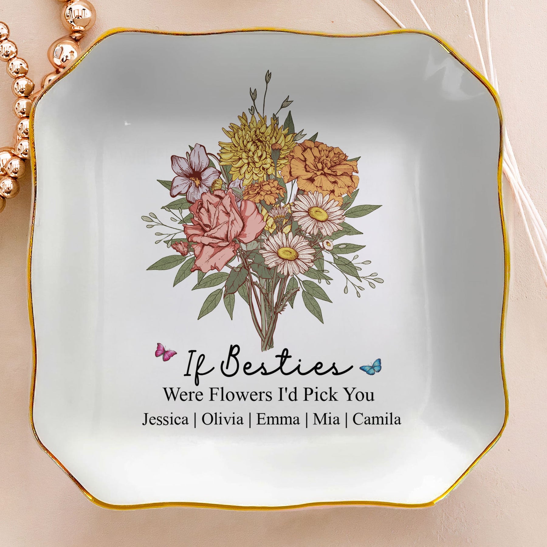 Custom Boho Birth Flowers Sisterhood, Friendship Bouquet Gifts For Sisters, Friends, Besties - Personalized Jewelry Dish