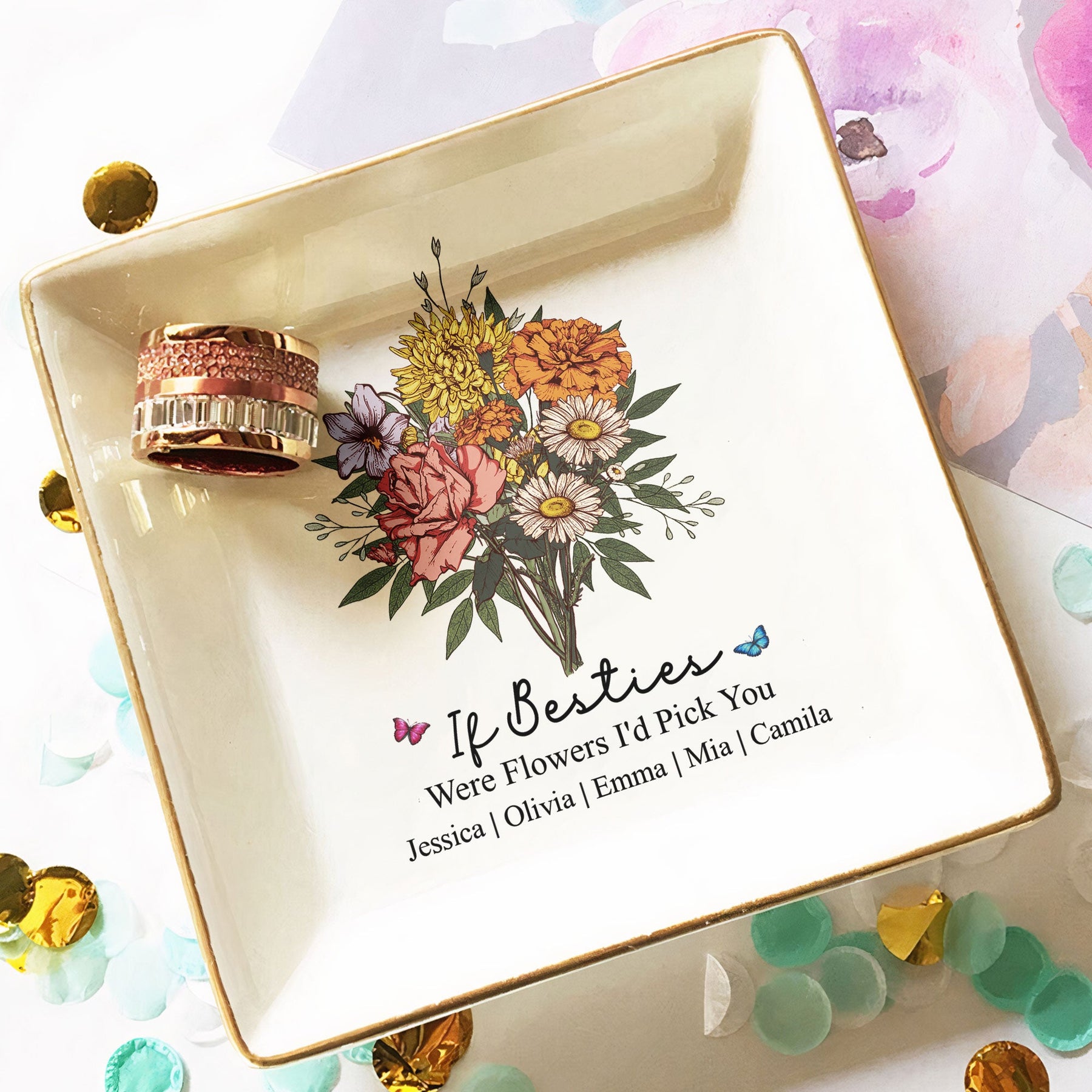 Custom Boho Birth Flowers Sisterhood, Friendship Bouquet Gifts For Sisters, Friends, Besties - Personalized Jewelry Dish