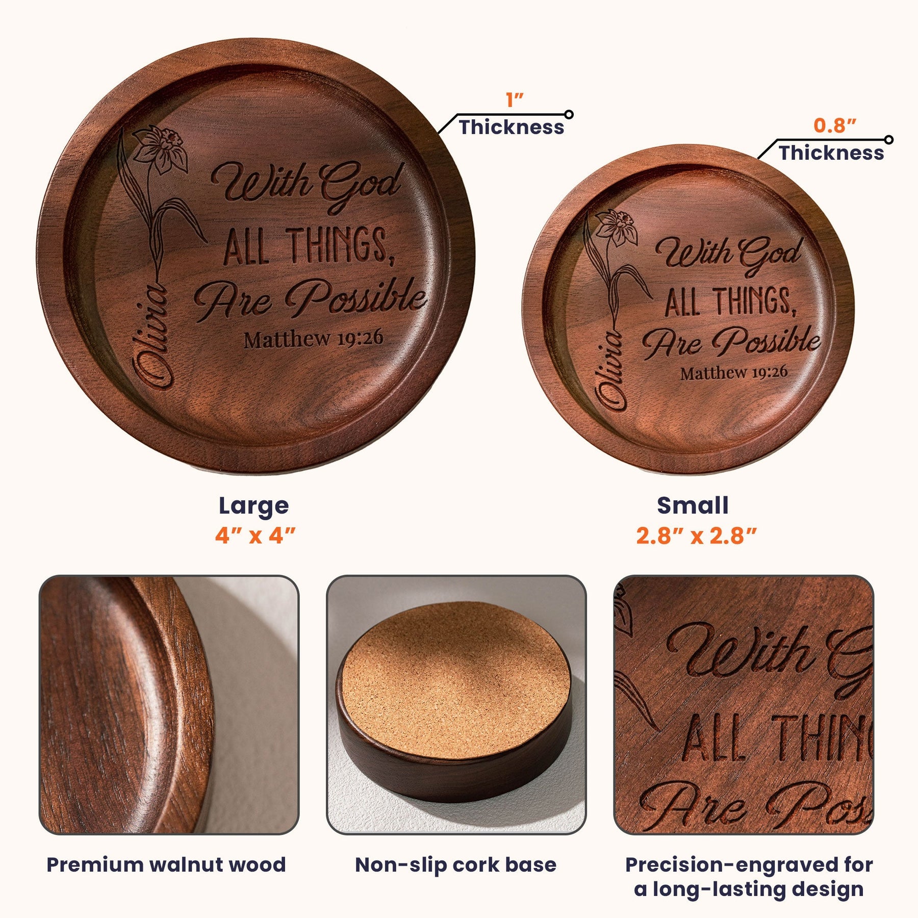 Custom Christ Bible Verse With Birth Flower - Personalized Wood Ring Dish