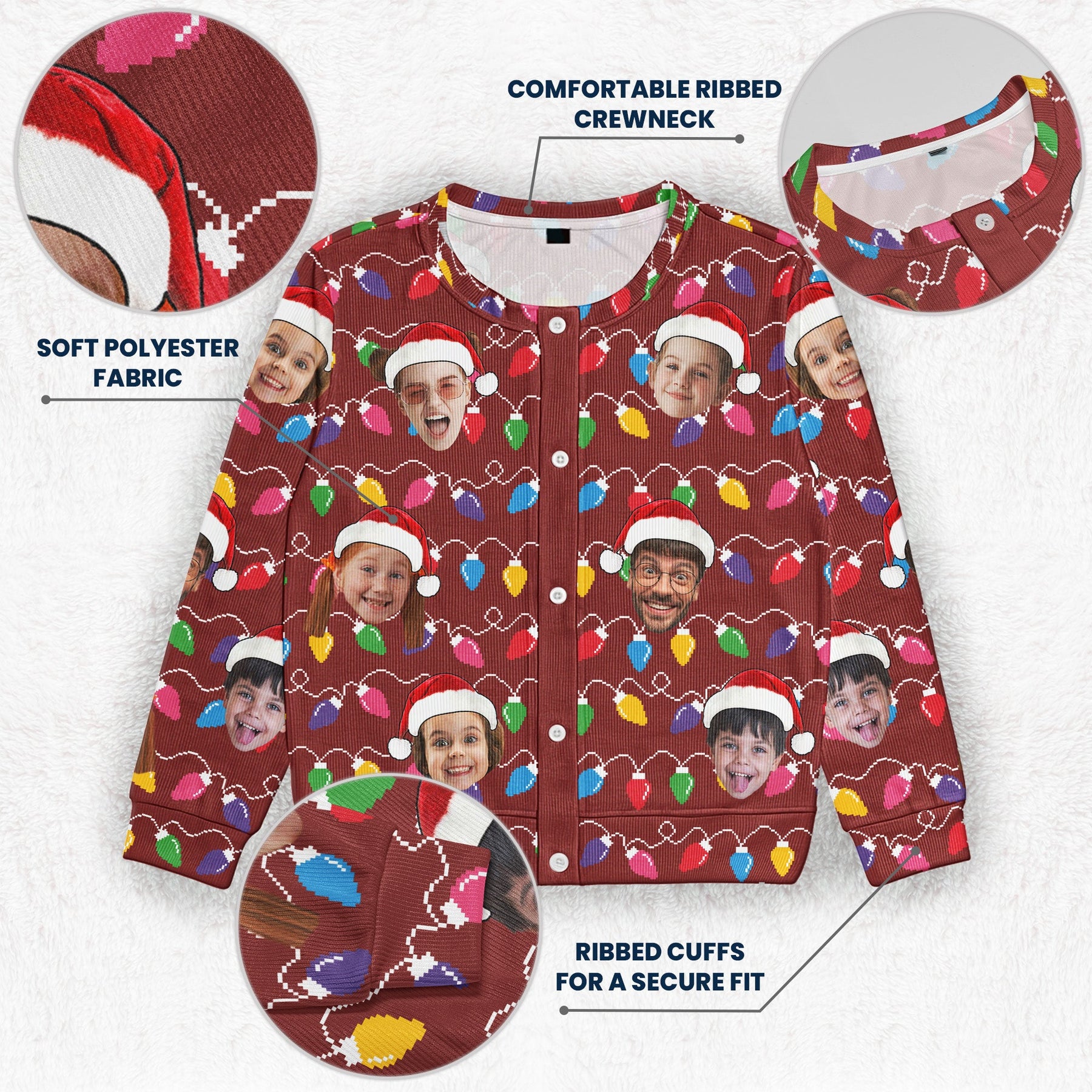 Custom Face Christmas Family Silly Xmas Leds - Personalized Photo Crewneck Cardigan