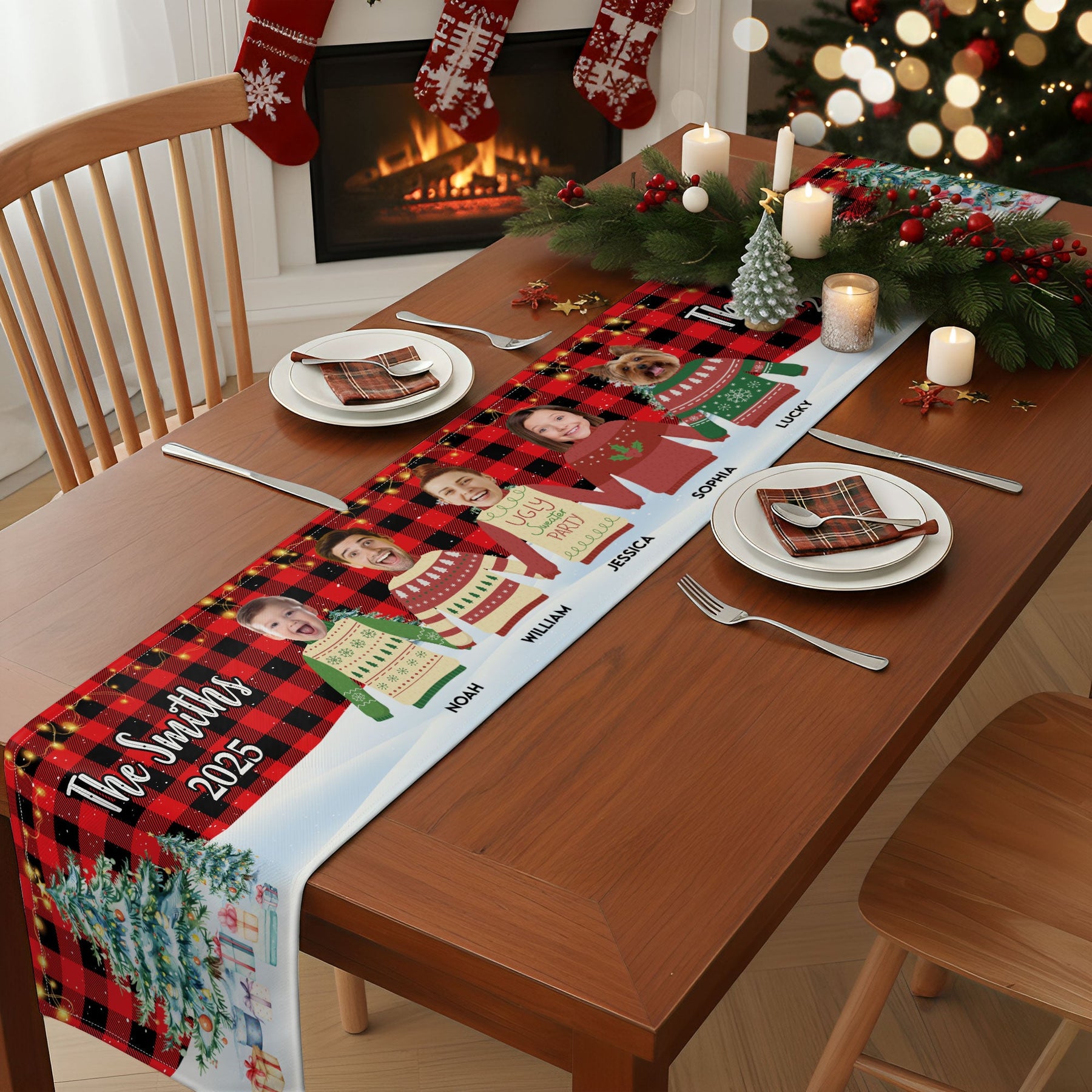 Custom Face Funny Festive Plant Buffalo Plaid - Personalized Photo Table Runner