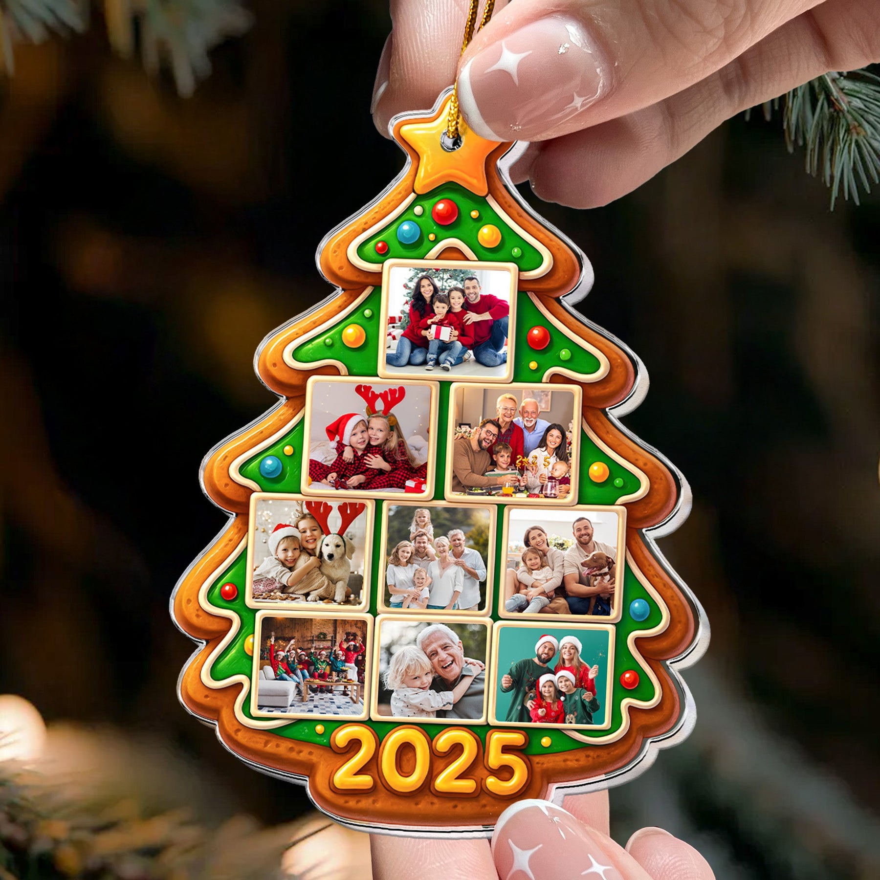 Custom Family Photo Ornament Gingerbread Christmas Tree Cookie - Personalized Acrylic Photo Ornament