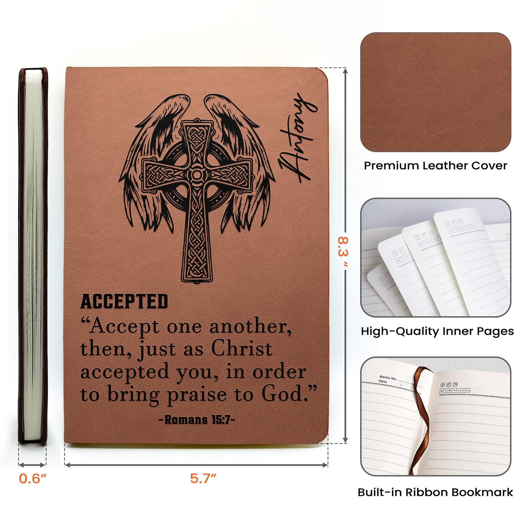 Custom Name With Matching Bible Verse Faith Gift For Him - Personalized Leather Journal