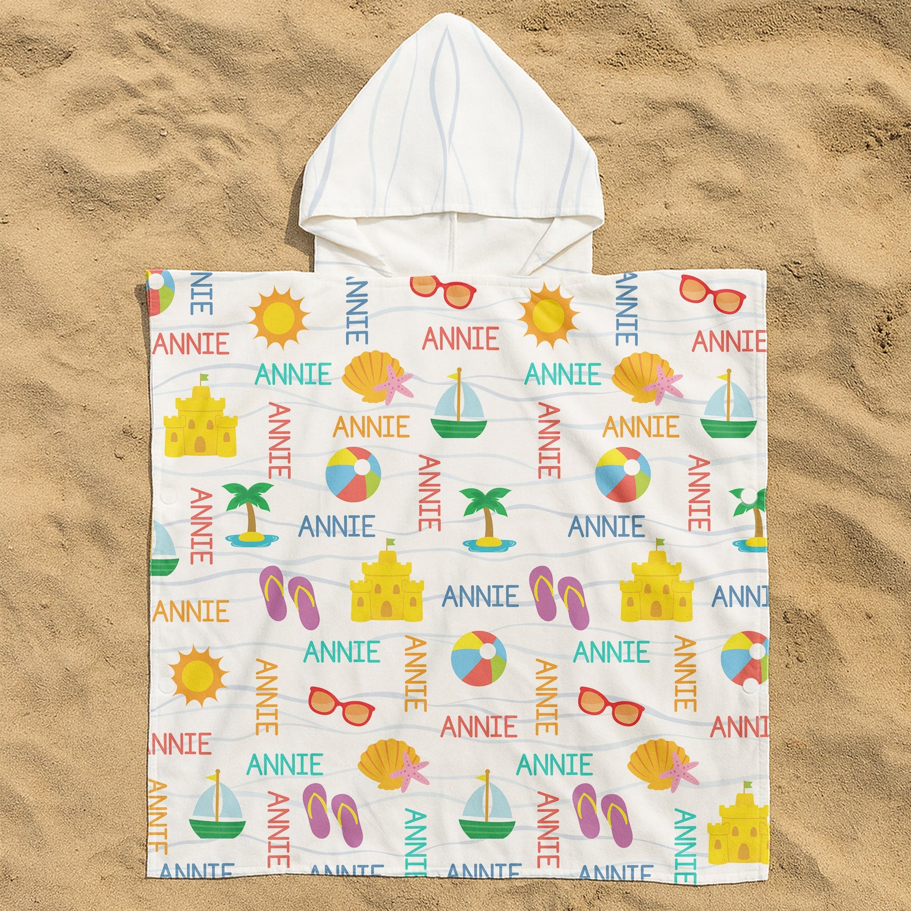 Custom Name With Summer And Beach Pattern - Personalized Kids Hooded Towel
