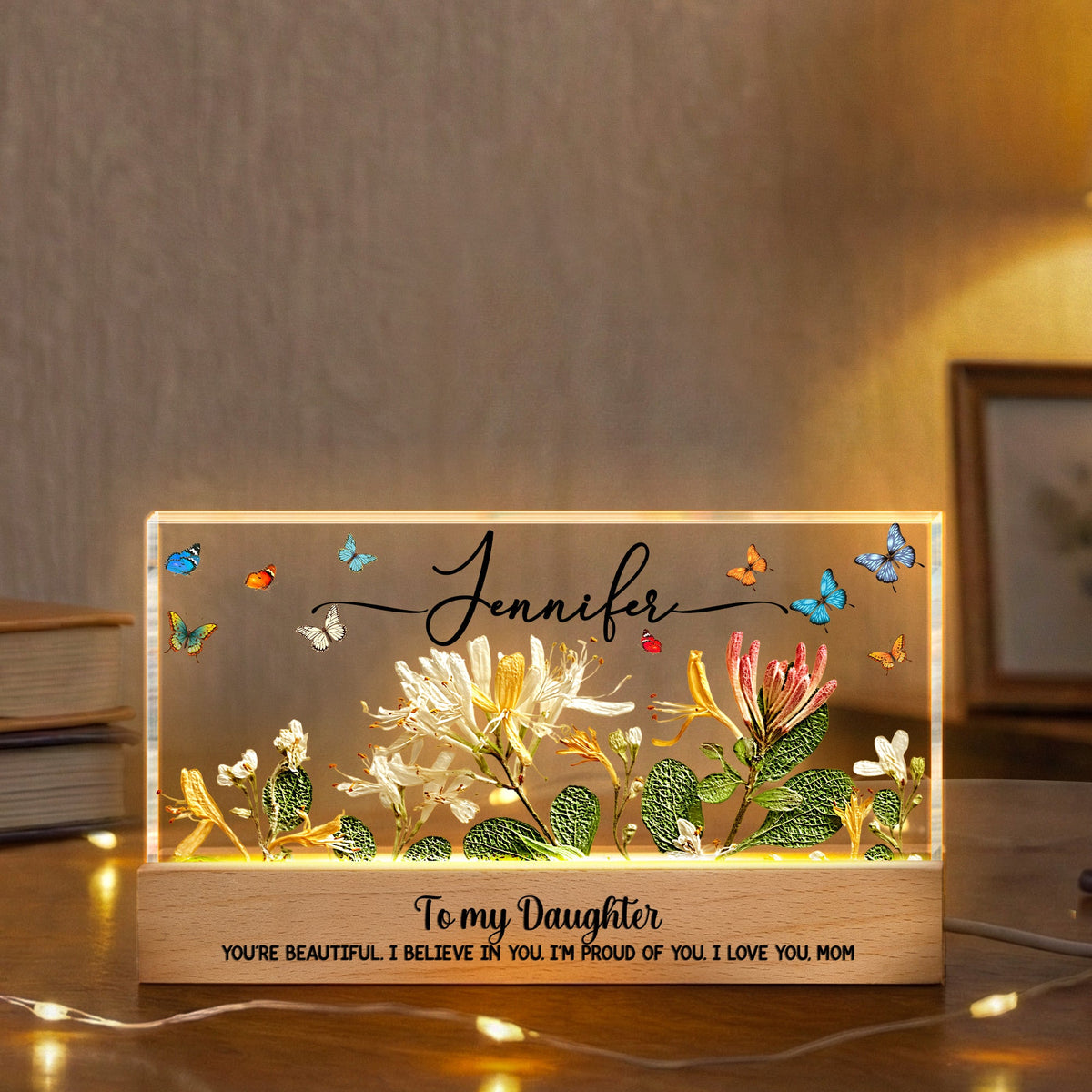 Custom Name & Faux Pressed Birth Flower Gift For Her - Personalized LED Night Light